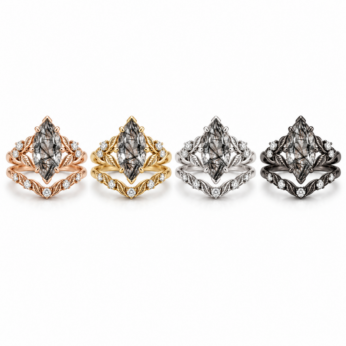 Rose gold marquise black rutilated quartz ring with matching moissanite band
