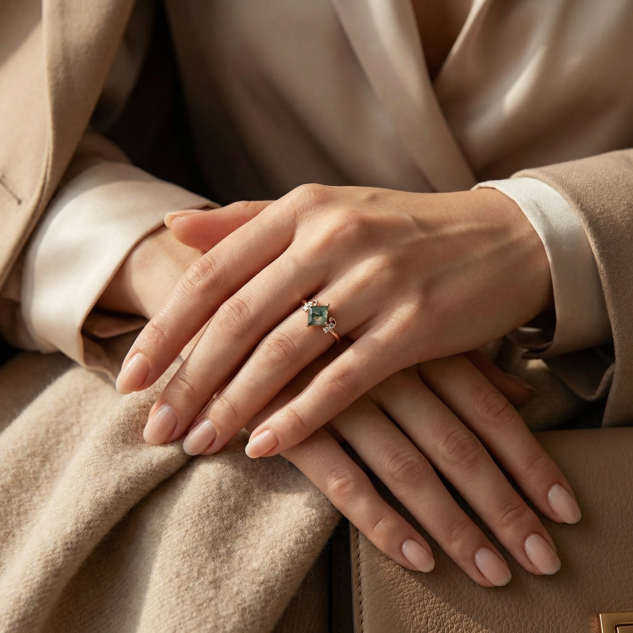 Detailed view of Princess Cut Moss Agate Ring in Gold