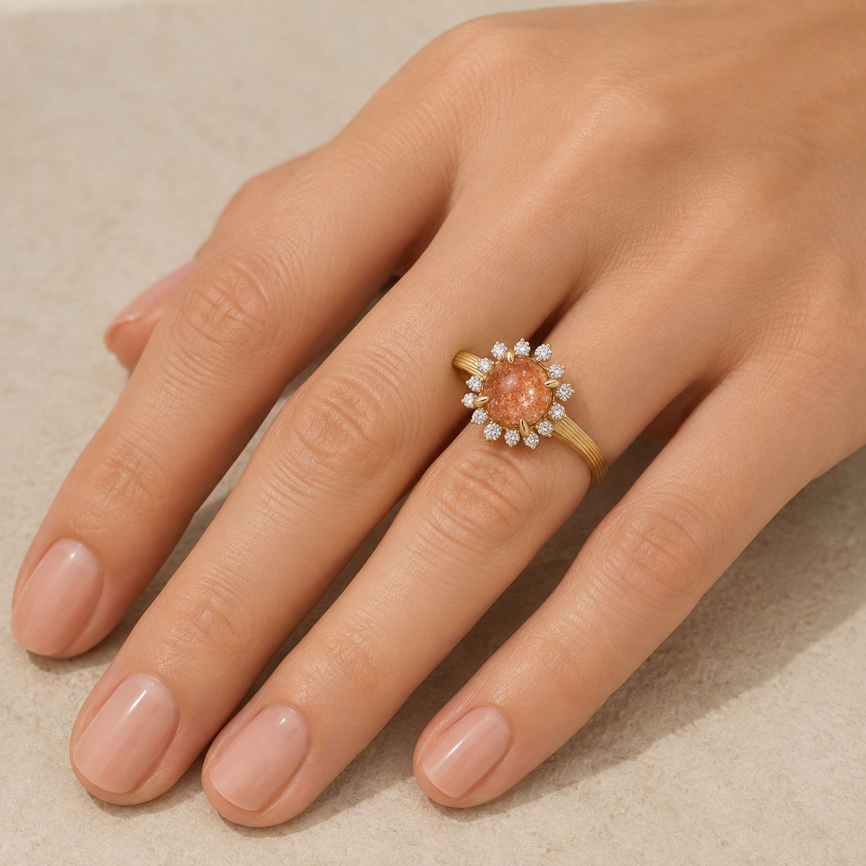 Close-up of a woman wearing the Marisol round sunstone floral halo ring
