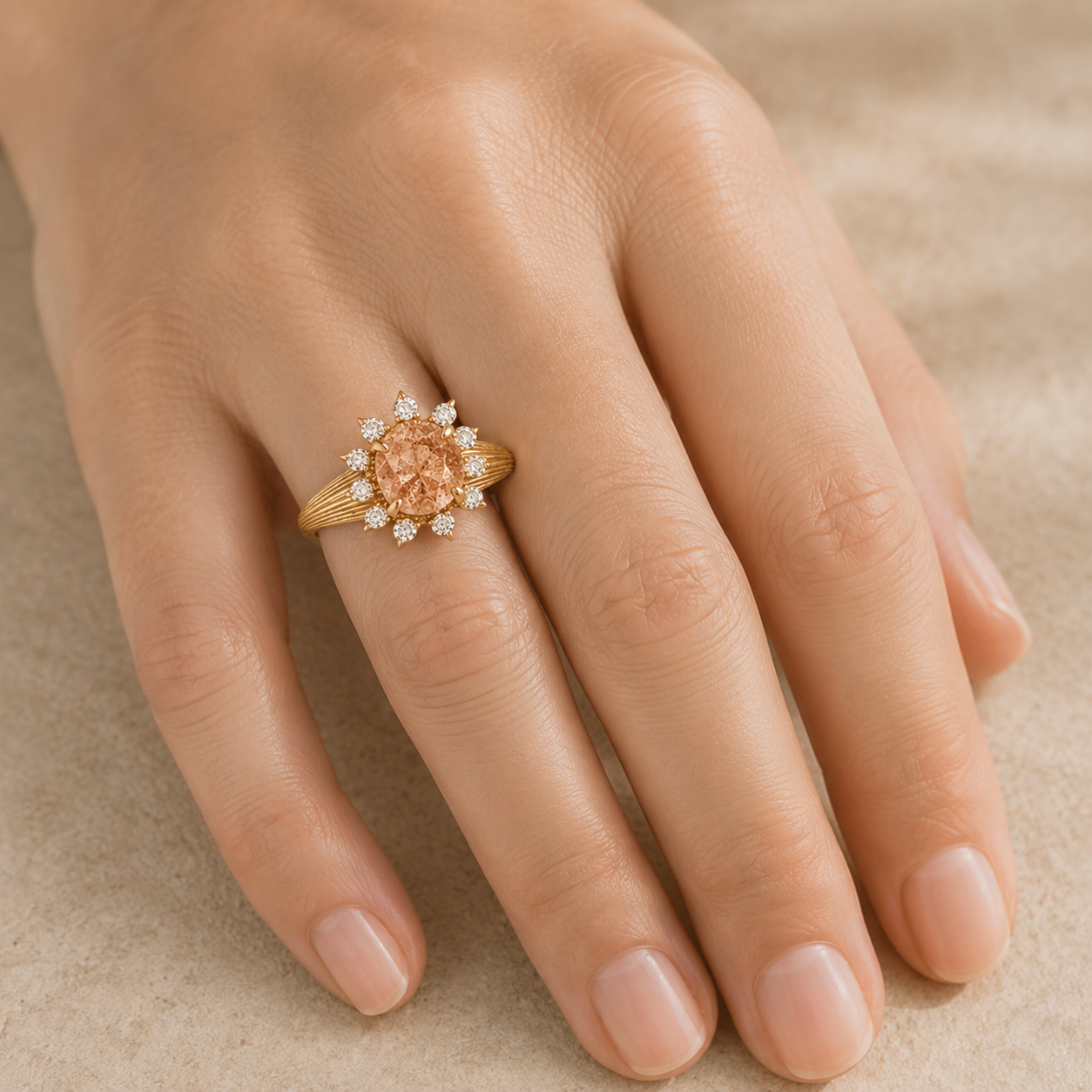 Close-up of a woman wearing the Celestia oval sunstone ring vertically on her ring finger
