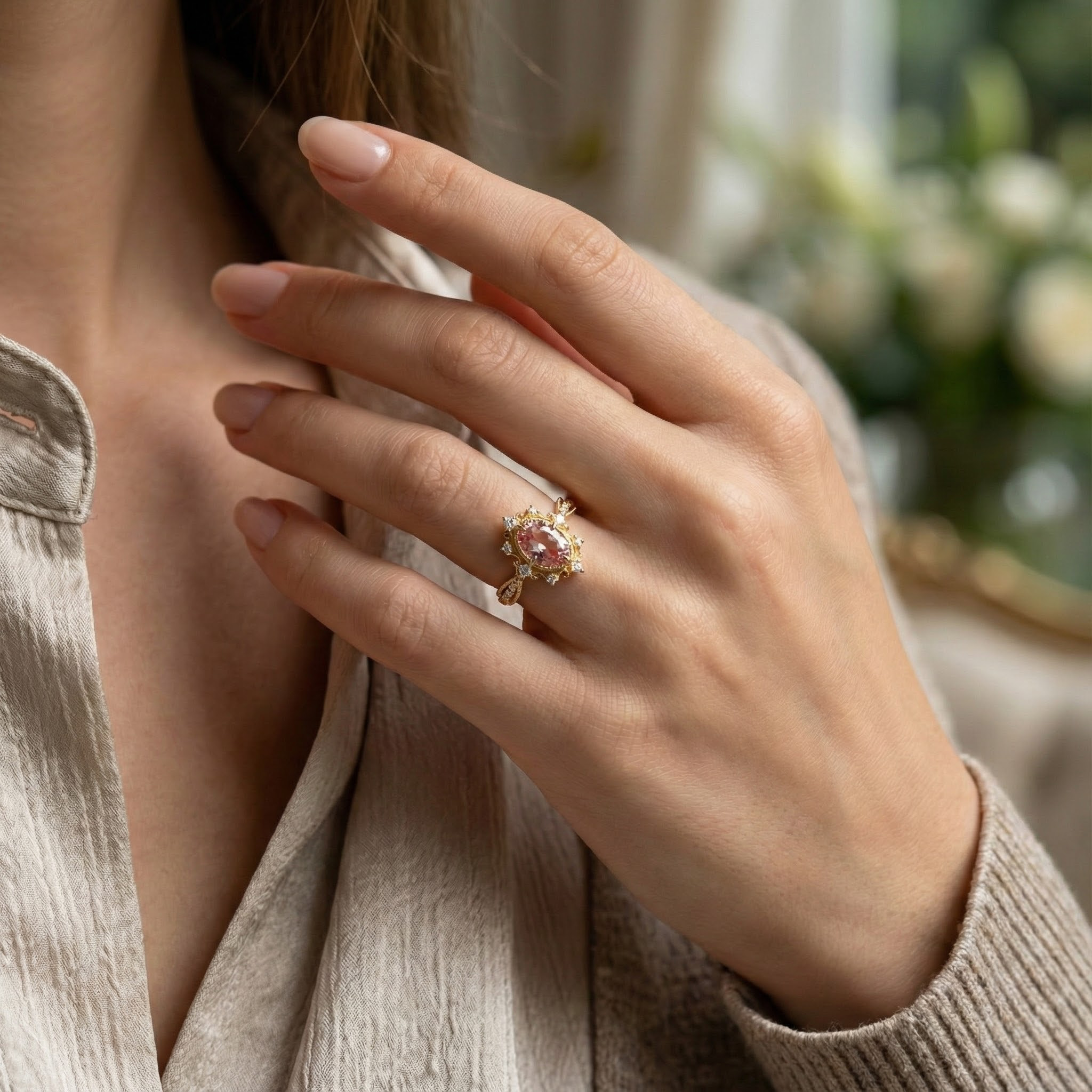 Royal Lab Padparadscha and Diamond Rose Gold Classic Ring Vintage Engagement Rings