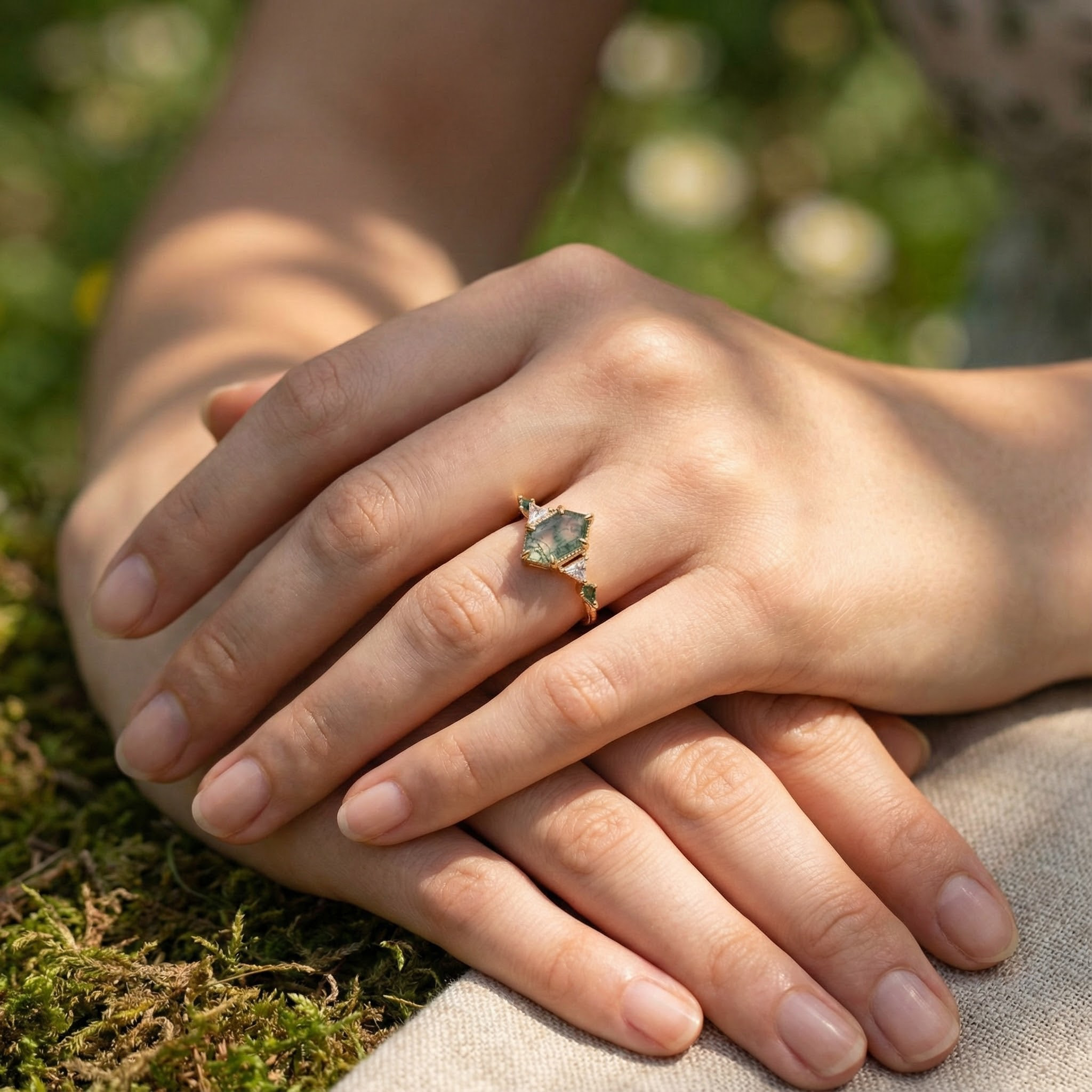 Classic Long Hexagon Moss Agate Engagement Ring Green Gem Ring Promise Ring