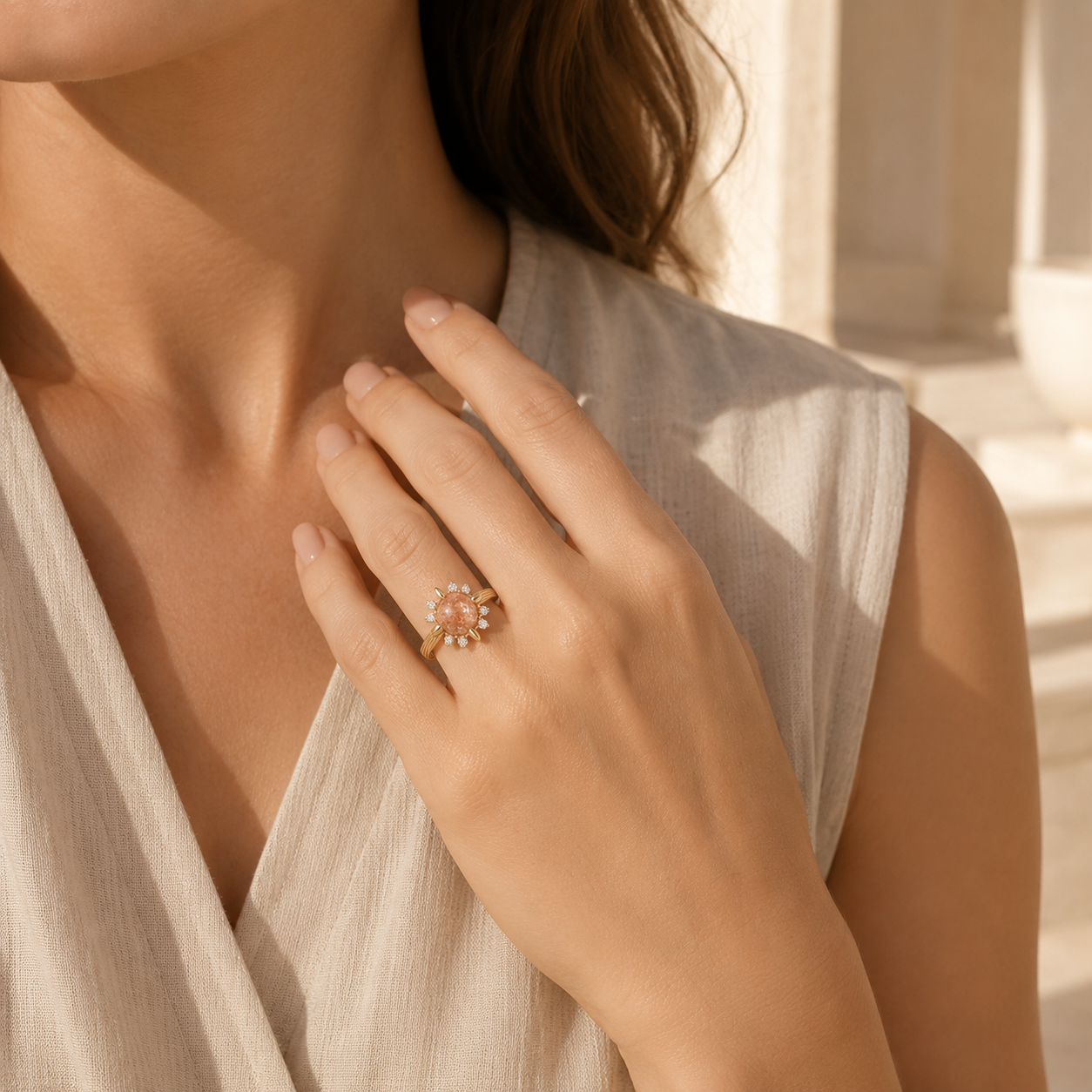 Farther model view of the Elowen nature-inspired yellow-gold ring in natural window light