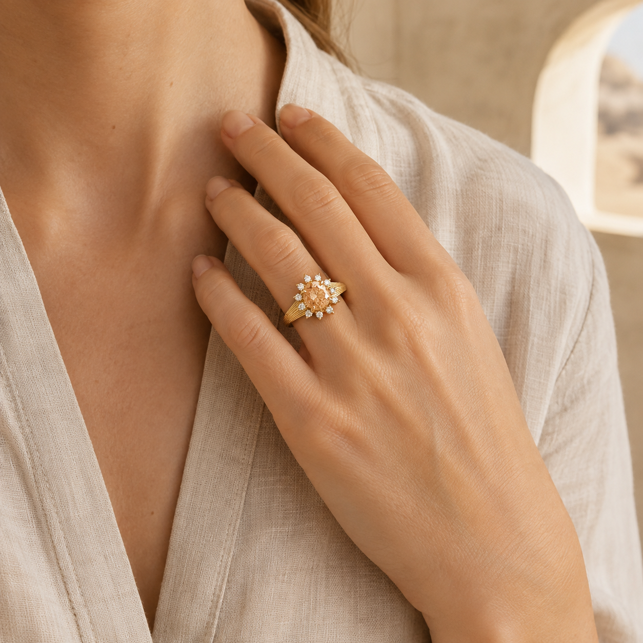 Farther lifestyle view of a woman wearing the Celestia yellow-gold oval sunstone engagement ring