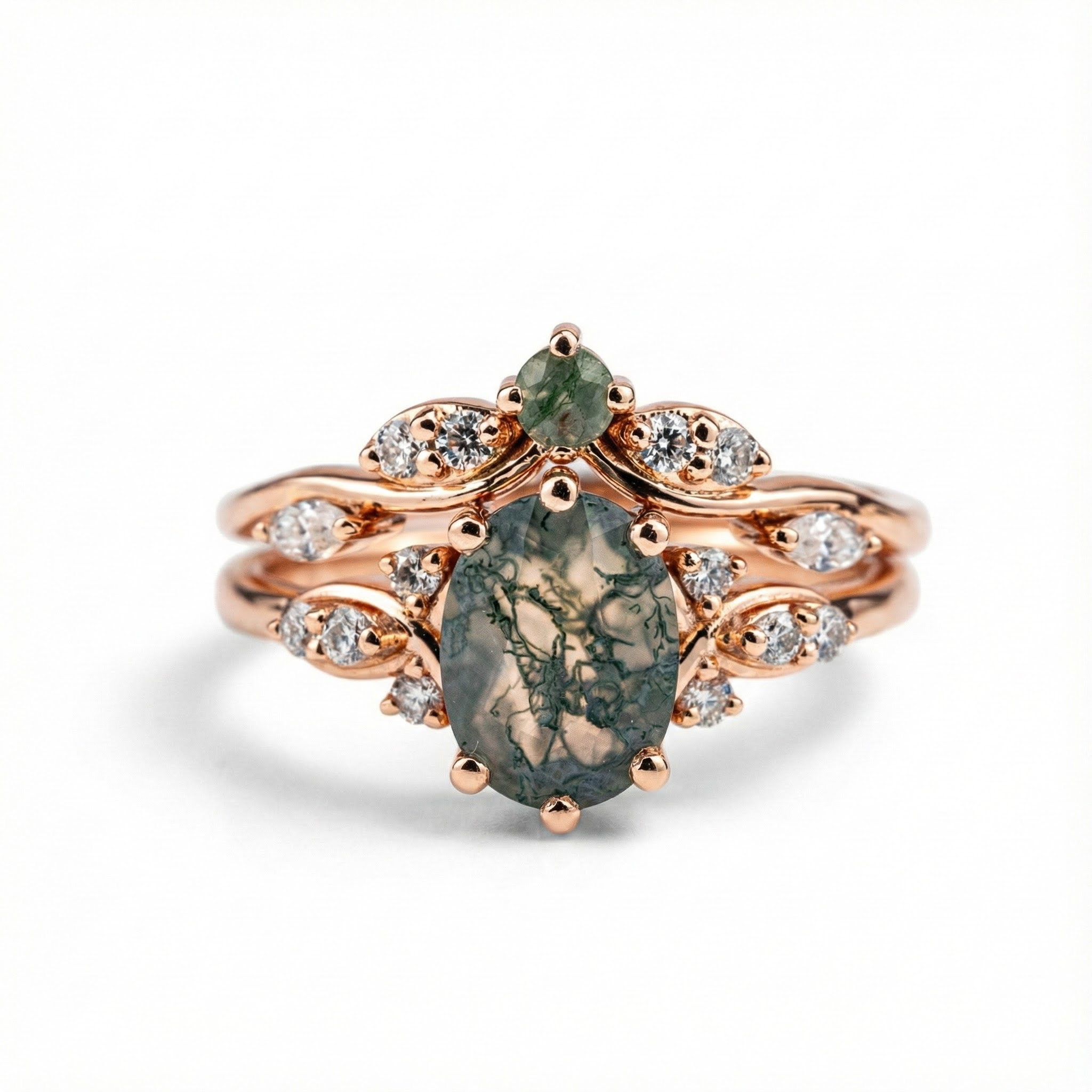 Elegant jewelry set with oval moss agate stones, moissanite gems in a nature-inspired design