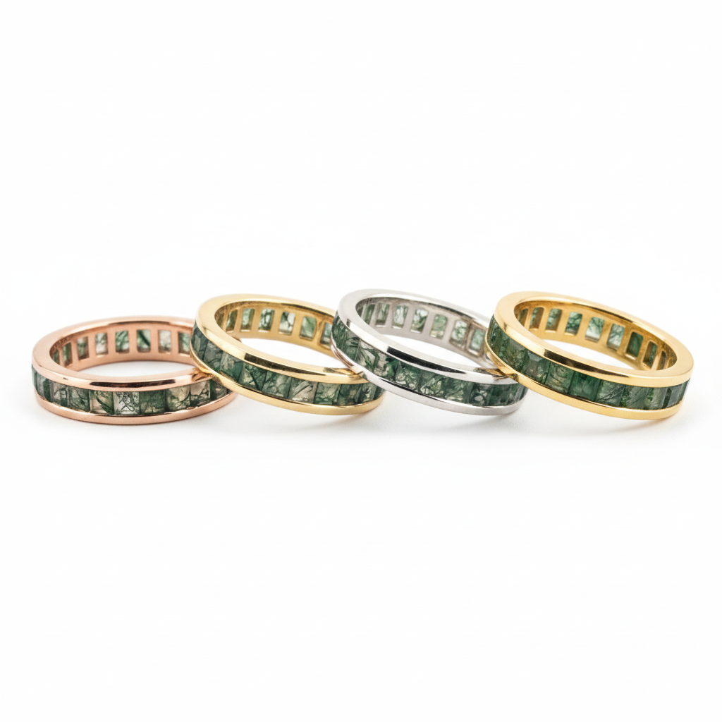 Lifestyle view of Moss Agate Wedding Band in White Gold