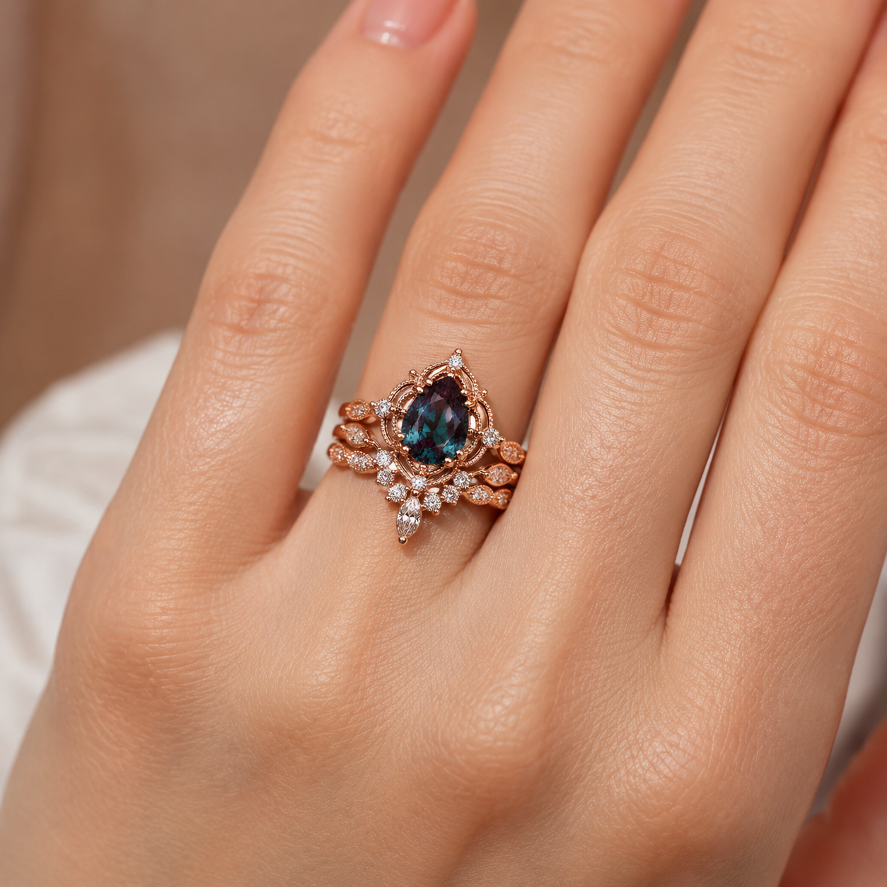 Pear Alexandrite Bridal Ring Set Vintage Rose Gold Engagement Ring Set with Moissanite Accents
