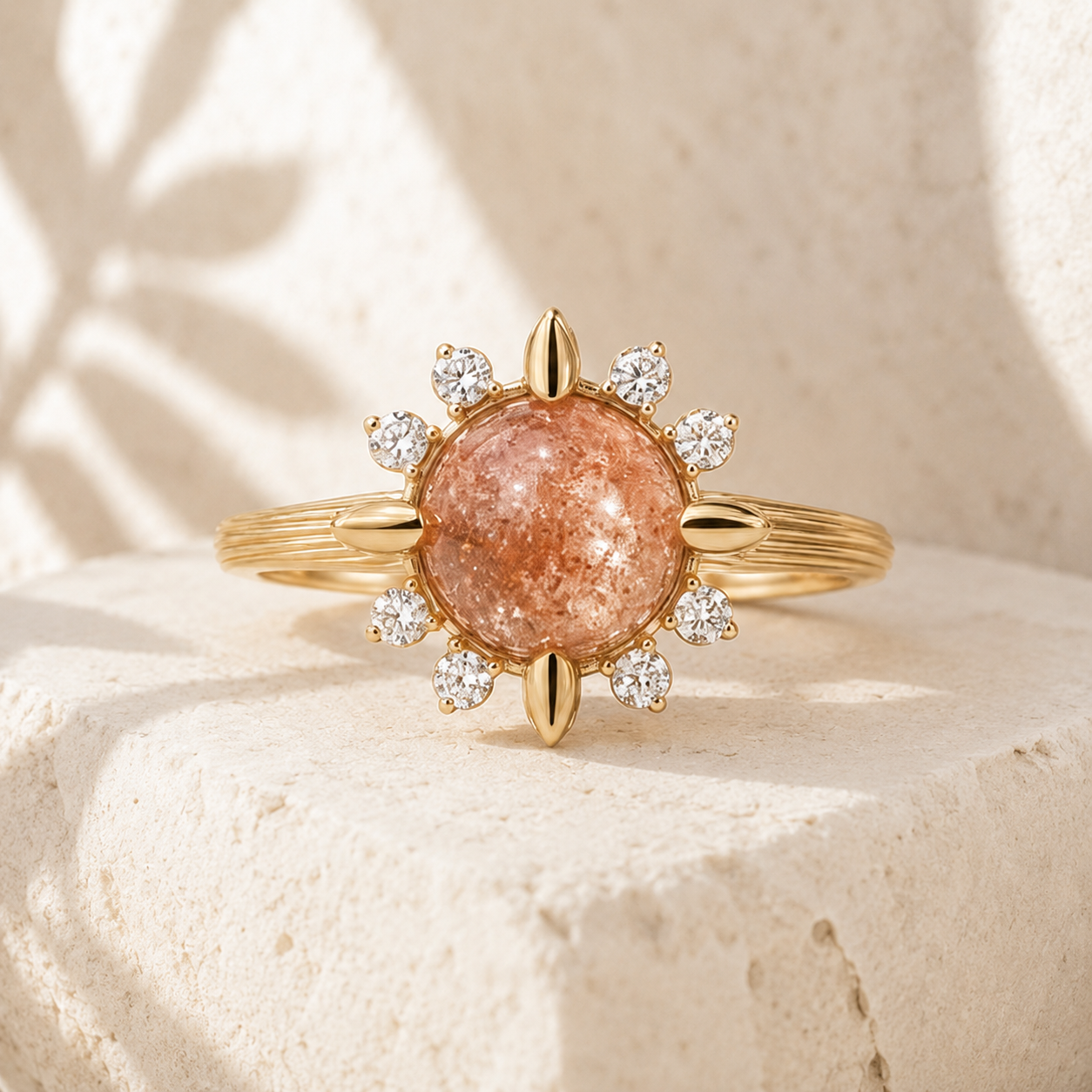 Elowen sunstone and moissanite ring displayed upright on matte ivory limestone