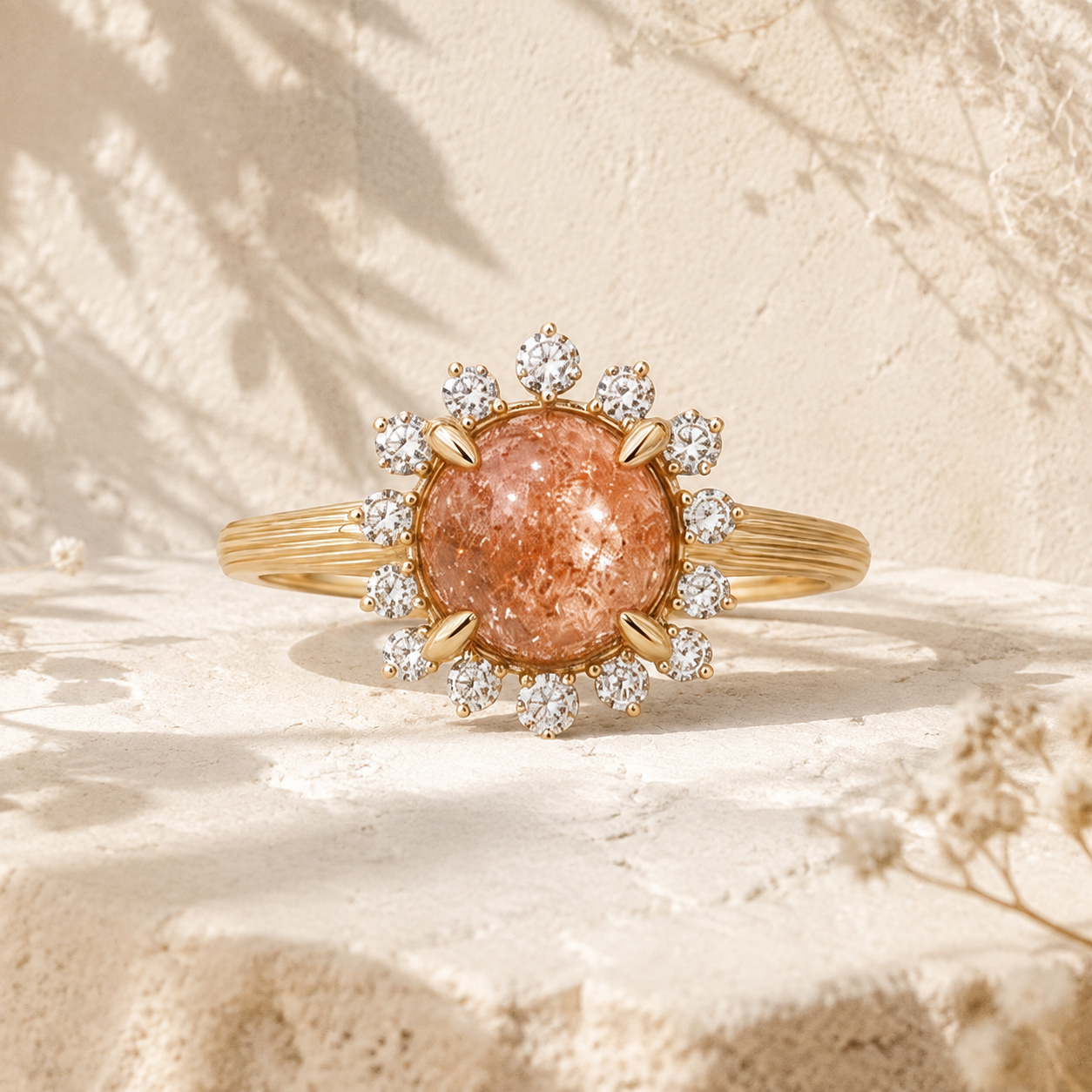 Marisol floral sunstone engagement ring displayed on sculptural limestone with botanical shadows