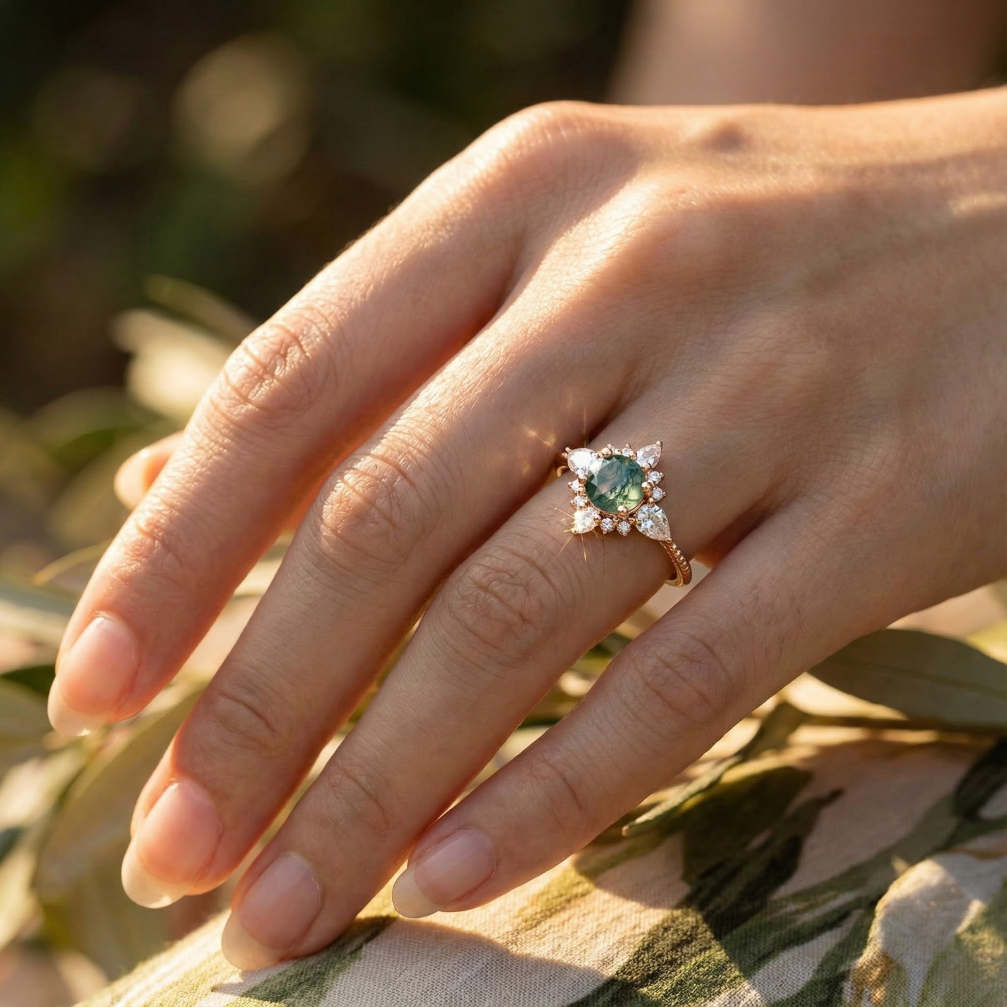 Handcrafted ring design with stunning moss agate and moissanite