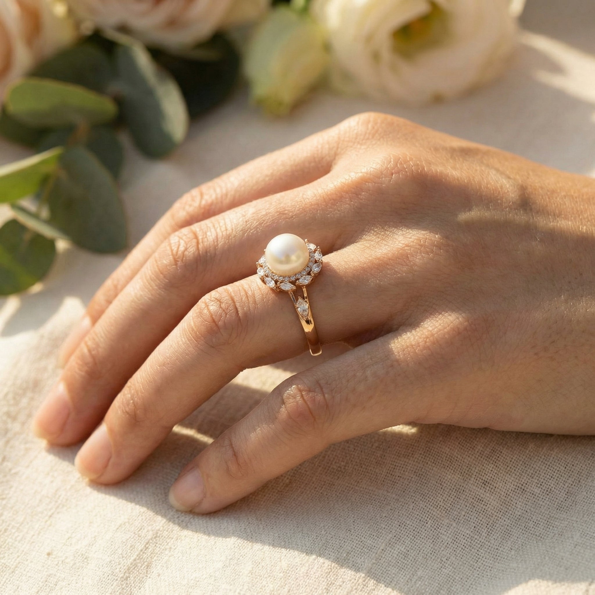 Detailed view of Pear Pearl Engagement Ring in Gold