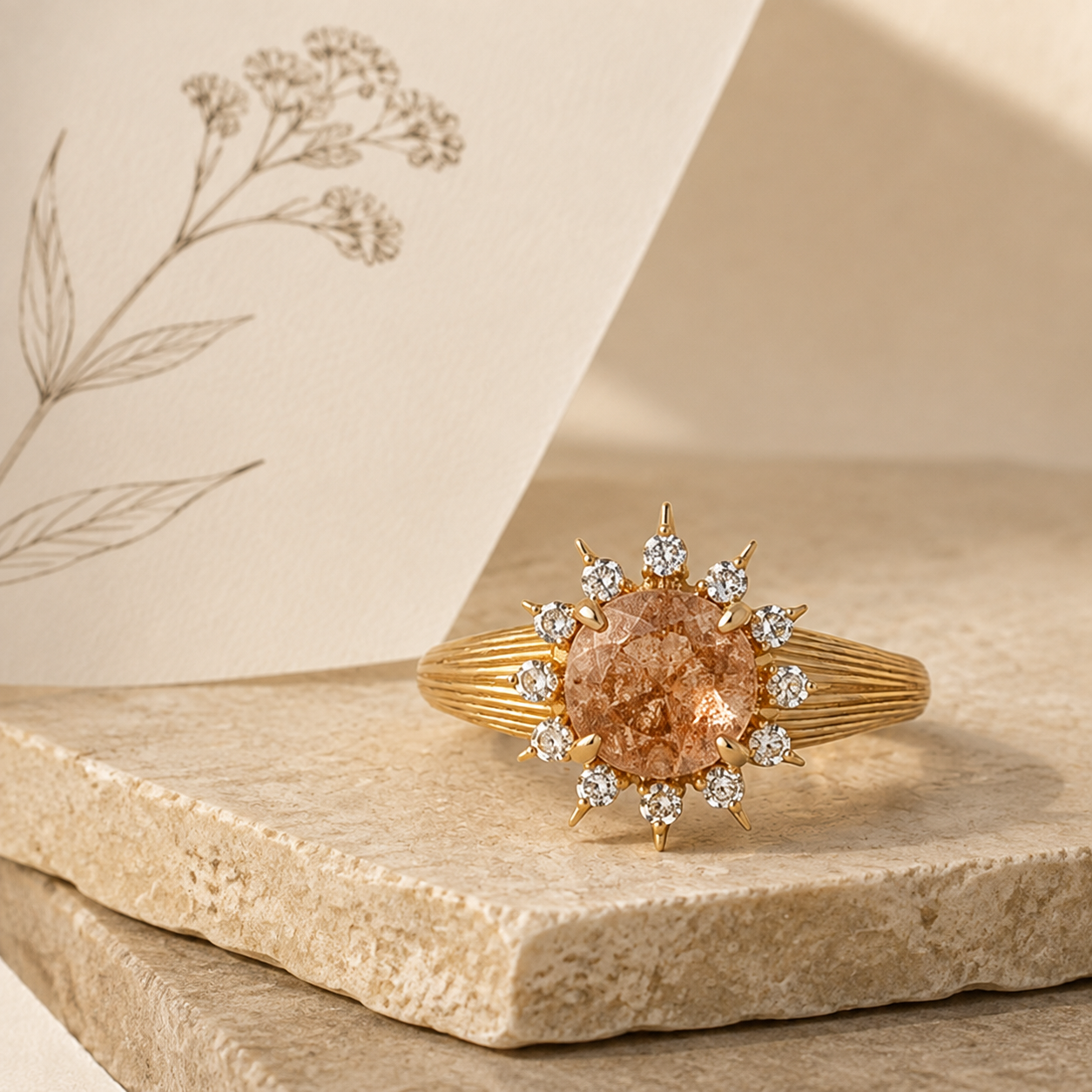 Solara round sunstone sunburst ring beside a botanical sketch on layered warm stone