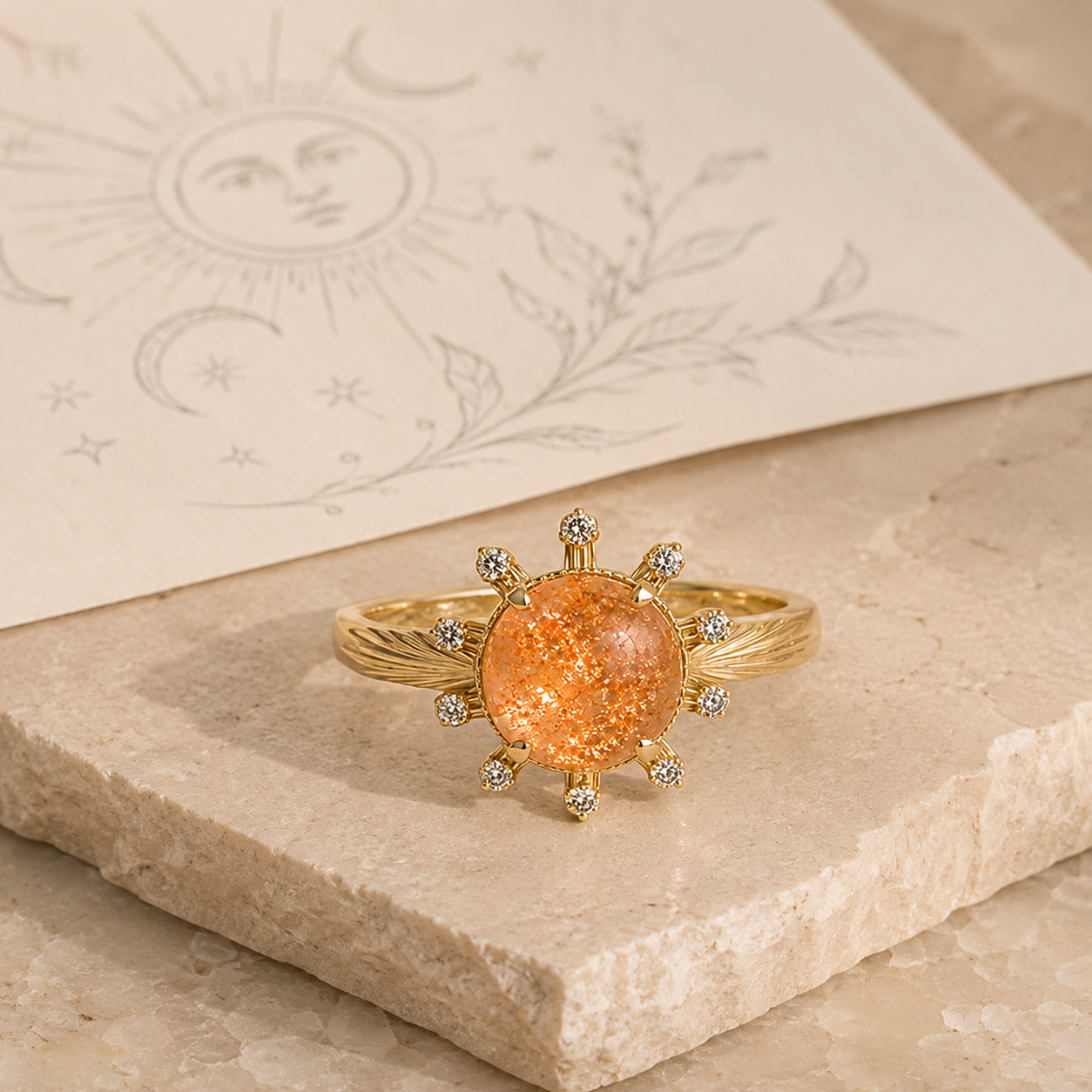 Aurelia celestial sunstone ring beside a sun-and-botanical pencil sketch on warm stone