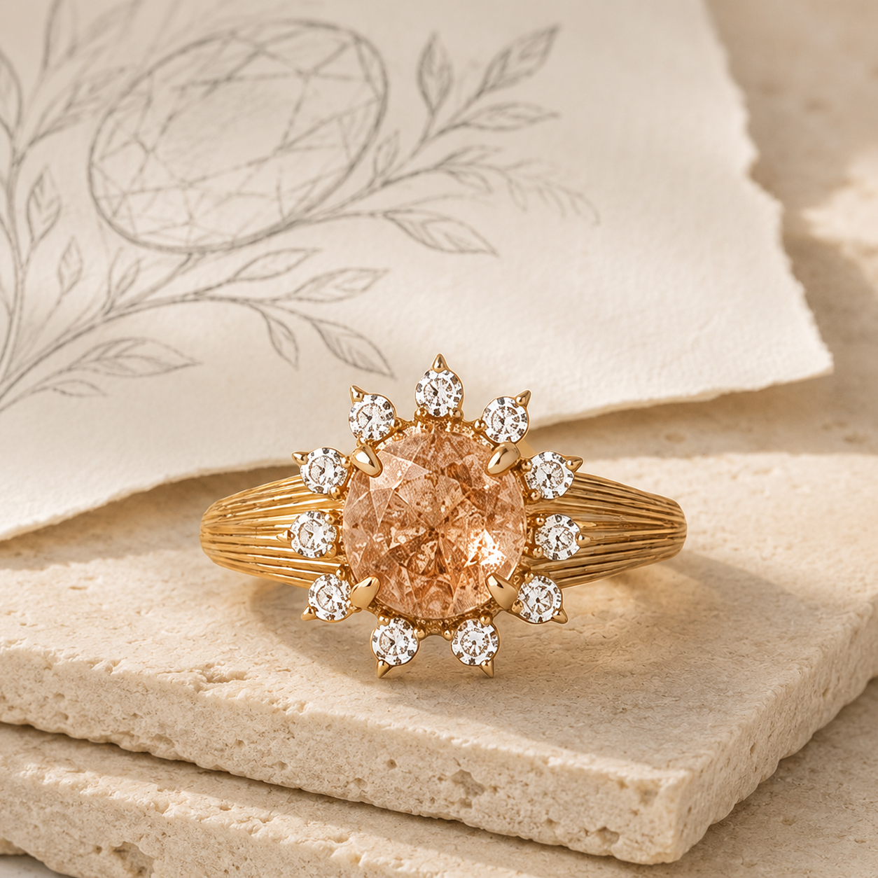Celestia oval sunstone and moissanite ring beside a gemstone and botanical pencil sketch