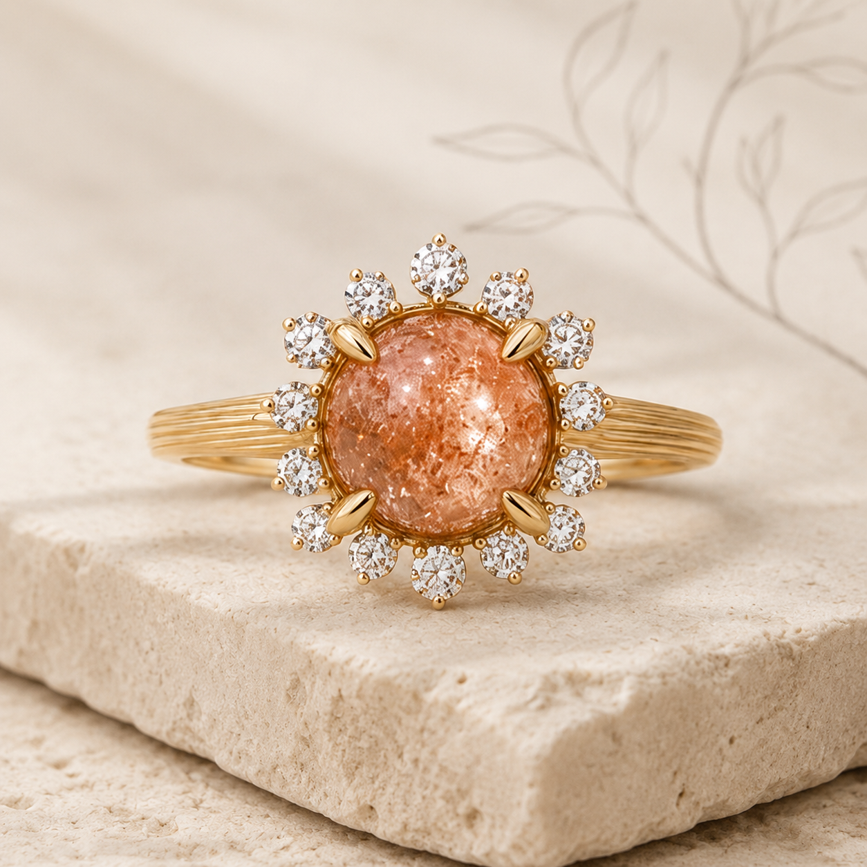 Marisol round sunstone flower halo ring beside a botanical pencil sketch on warm stone