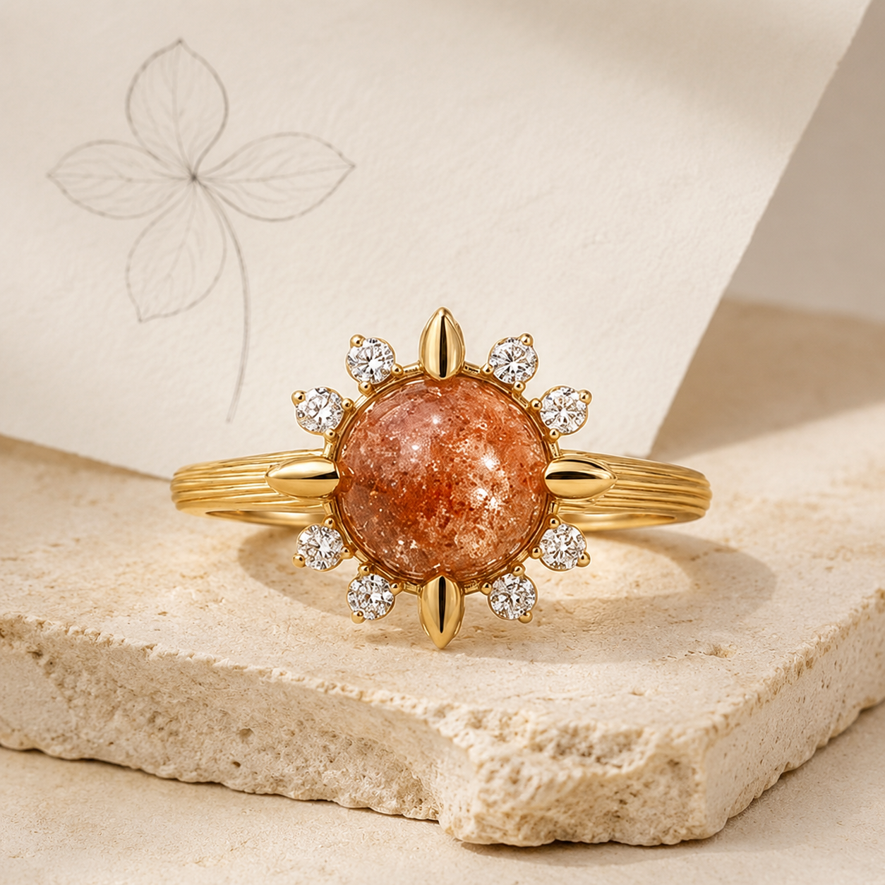 Elowen compass bloom engagement ring beside a four-petal botanical sketch on warm stone