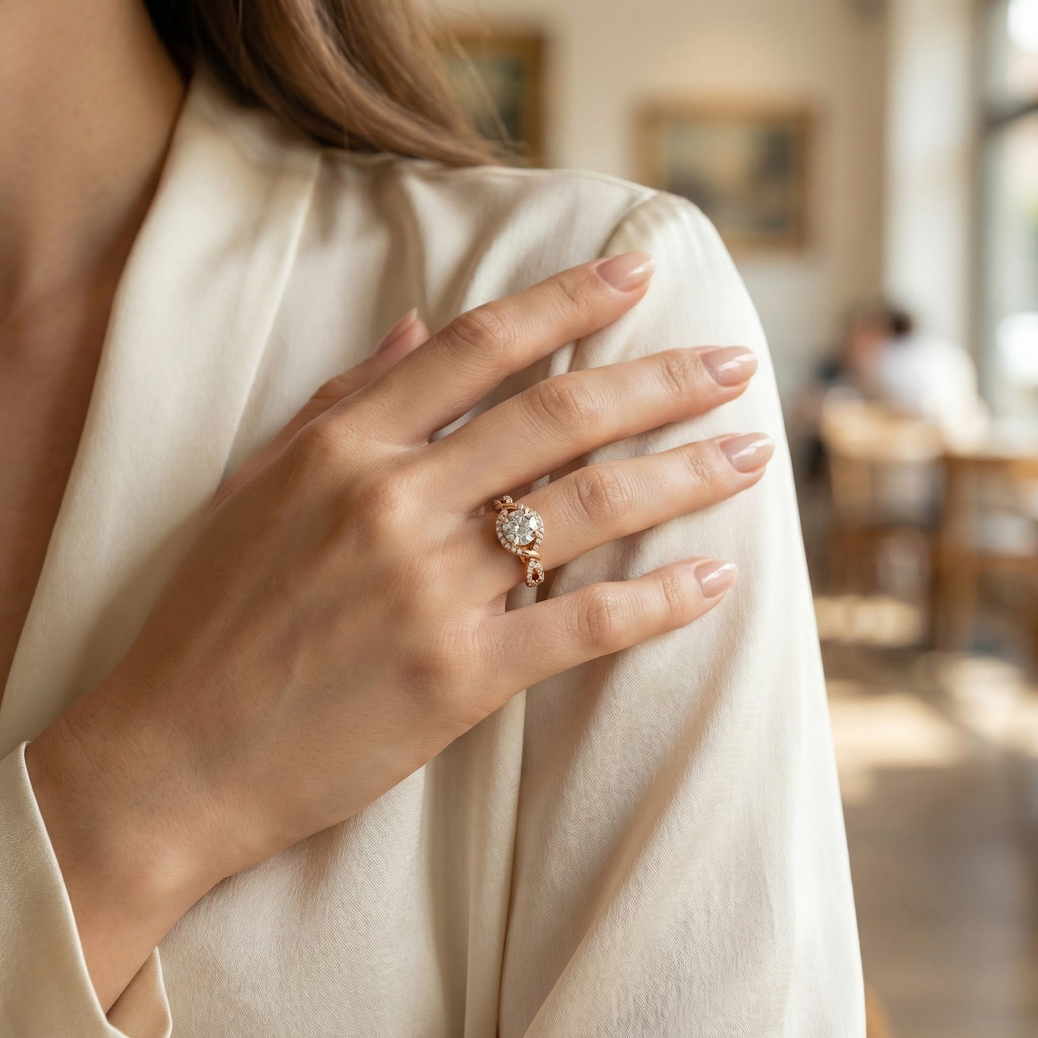 Moissanite round ring in rose gold setting for elegant style