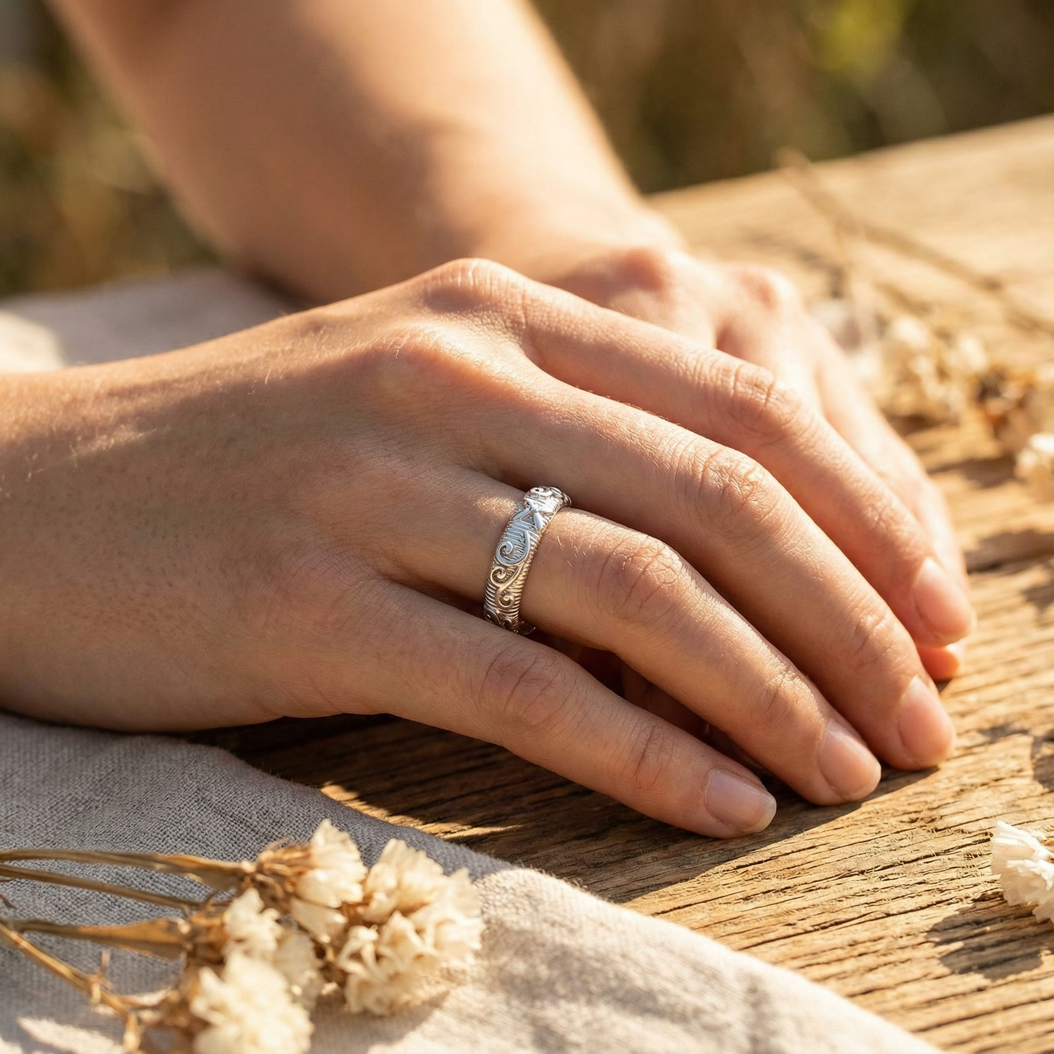 LUMINA - White Gold Leaf Texture Ring Minimalist Style Patterned Ring White Gold Ring