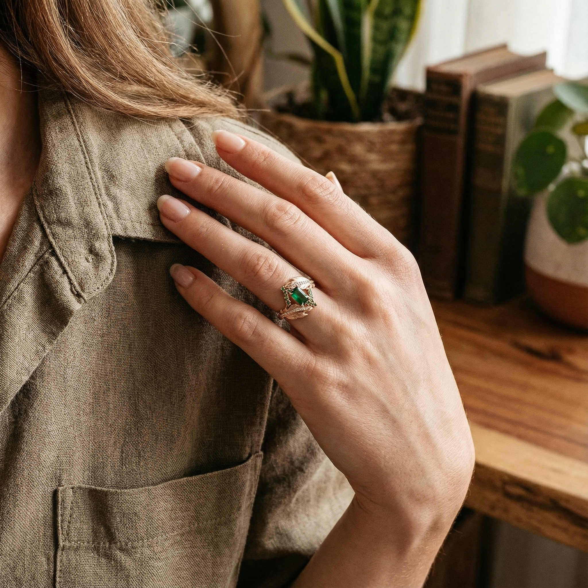 Luxurious Cultivated Emerald Leaf Textured Rose Gold Engagement Ring floral Ring