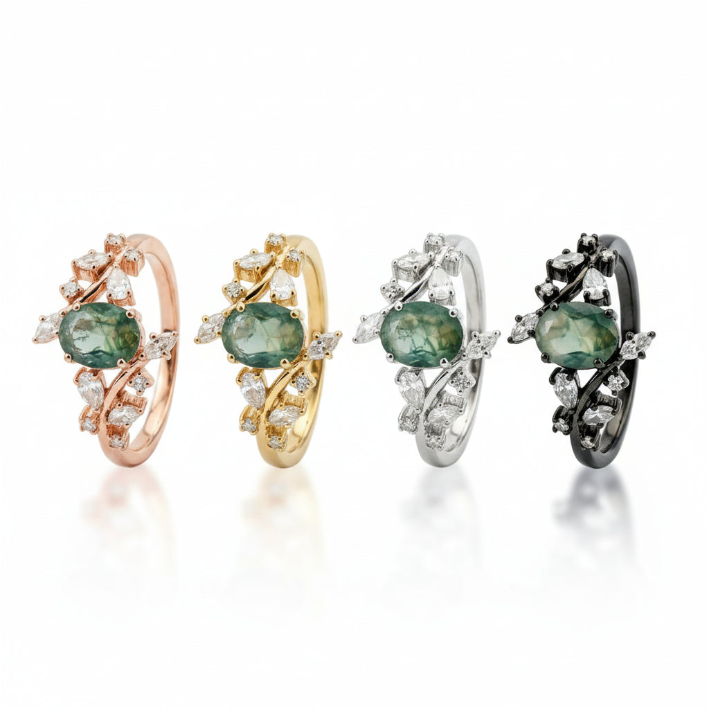 Lifestyle view of Oval Moss Agate Ring in Gold
