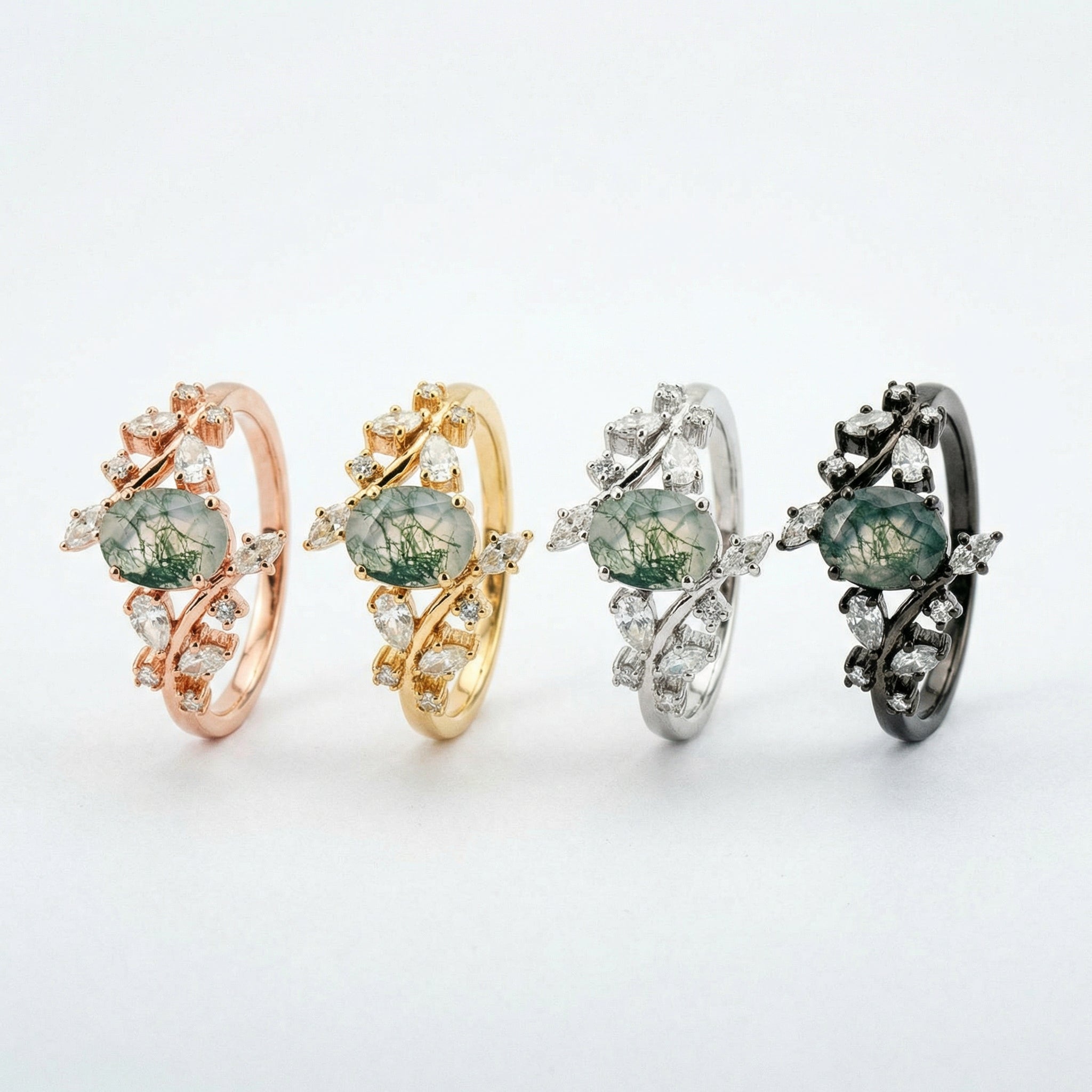 Oval Moss Agate Leaf Ring.