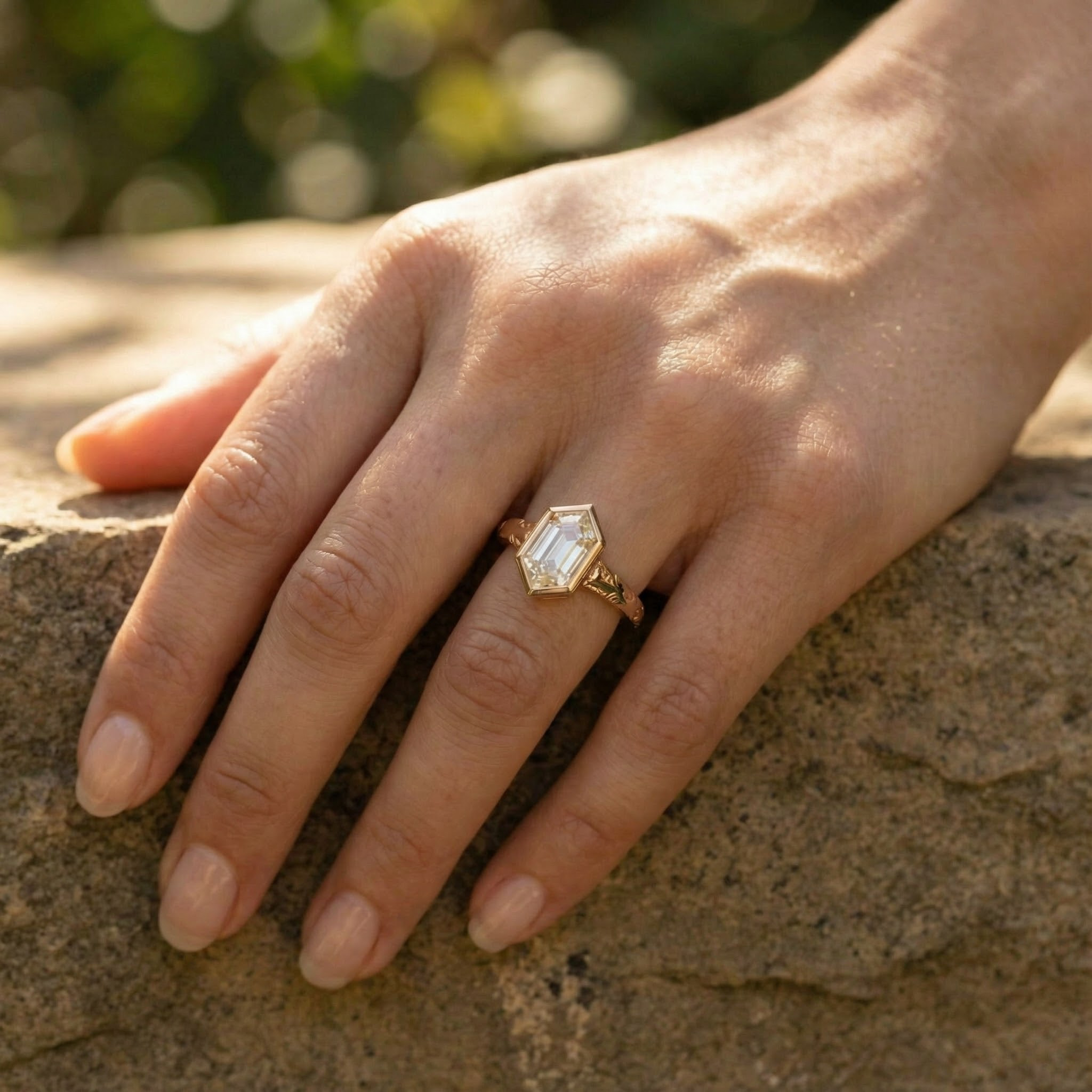 Minimalist hexagonal Moissanite ring - elegant, modern design for stylish engagement