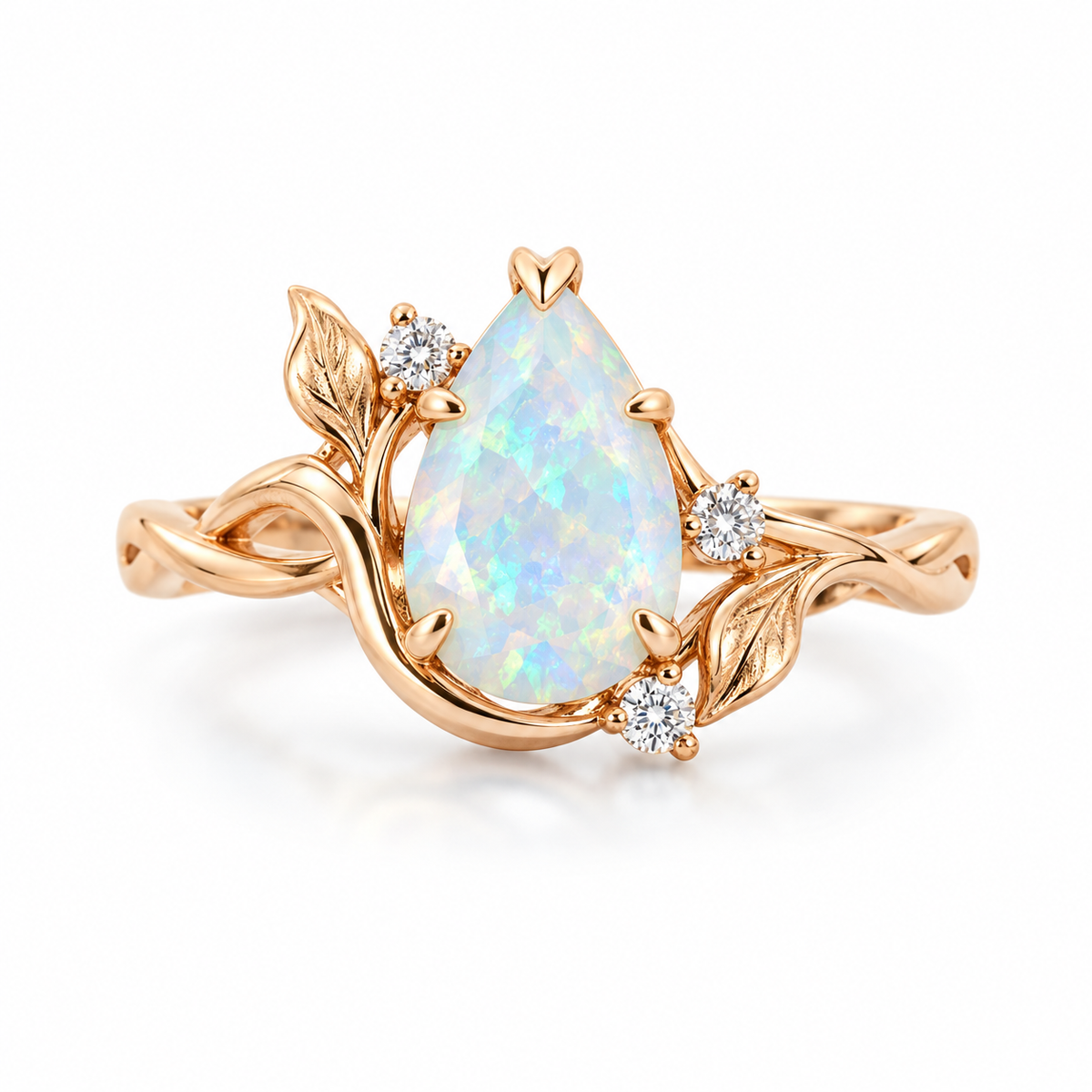 Pear opal leaf ring in rose gold with clear accent stones on white background