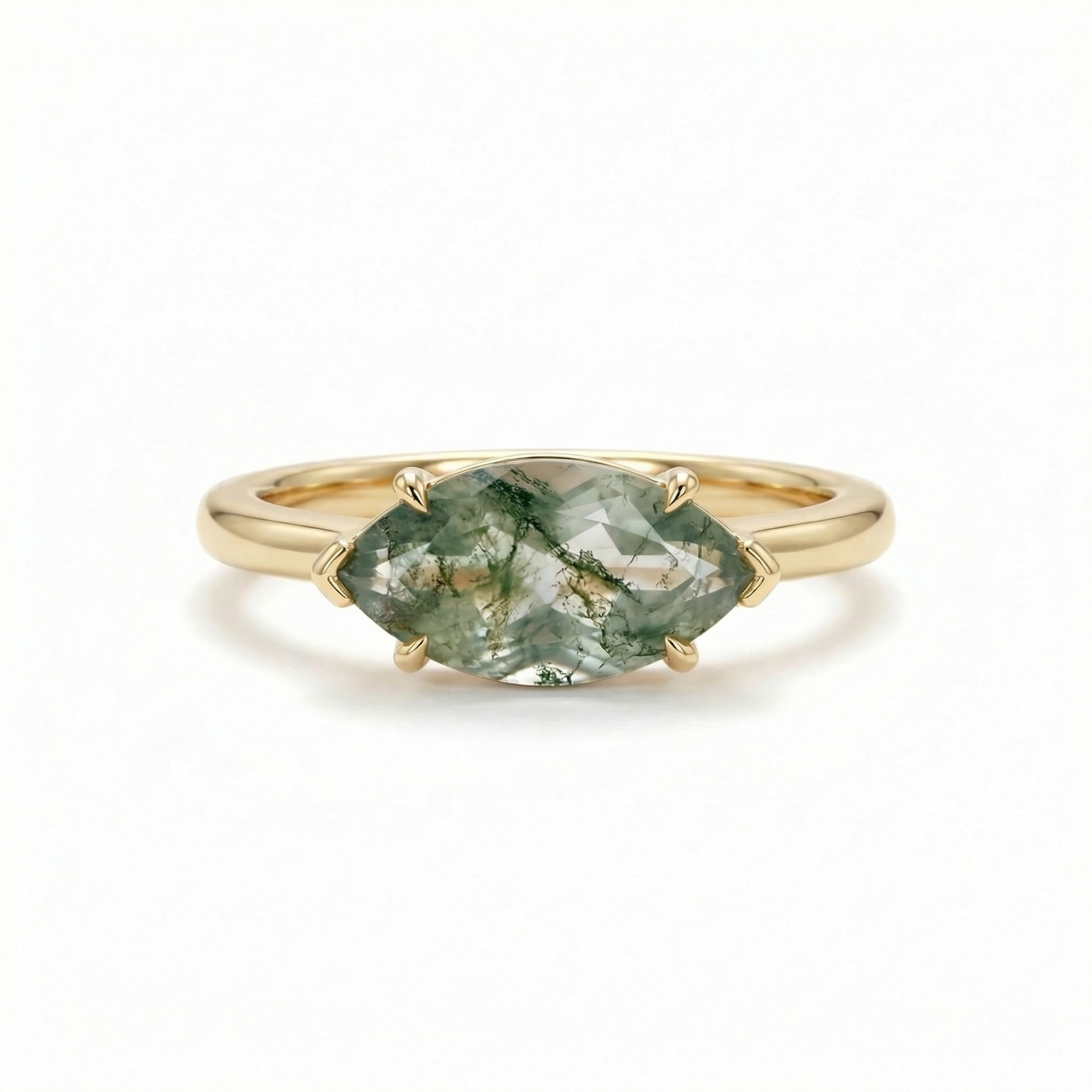 Front view of Marquise Moss Agate Engagement Ring in Gold