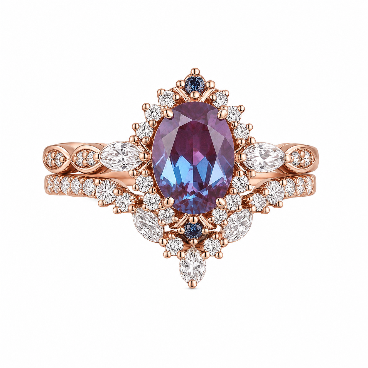 Oval lab alexandrite halo bridal ring set in rose gold with floral wedding band