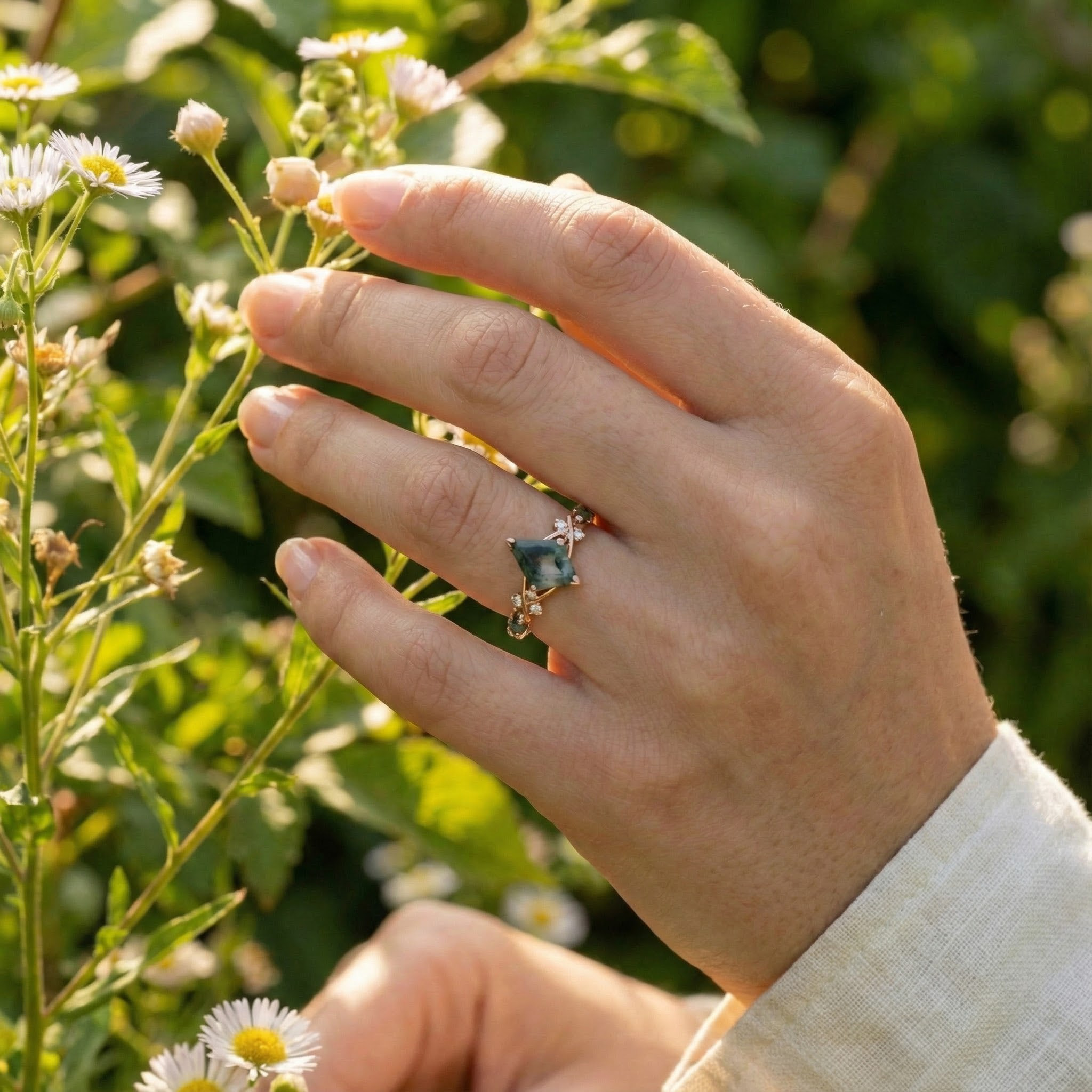 Unique Moss Agate and Moissanite Gemstone Leaf Ring for Women - Organic Nature Inspired Jewelry