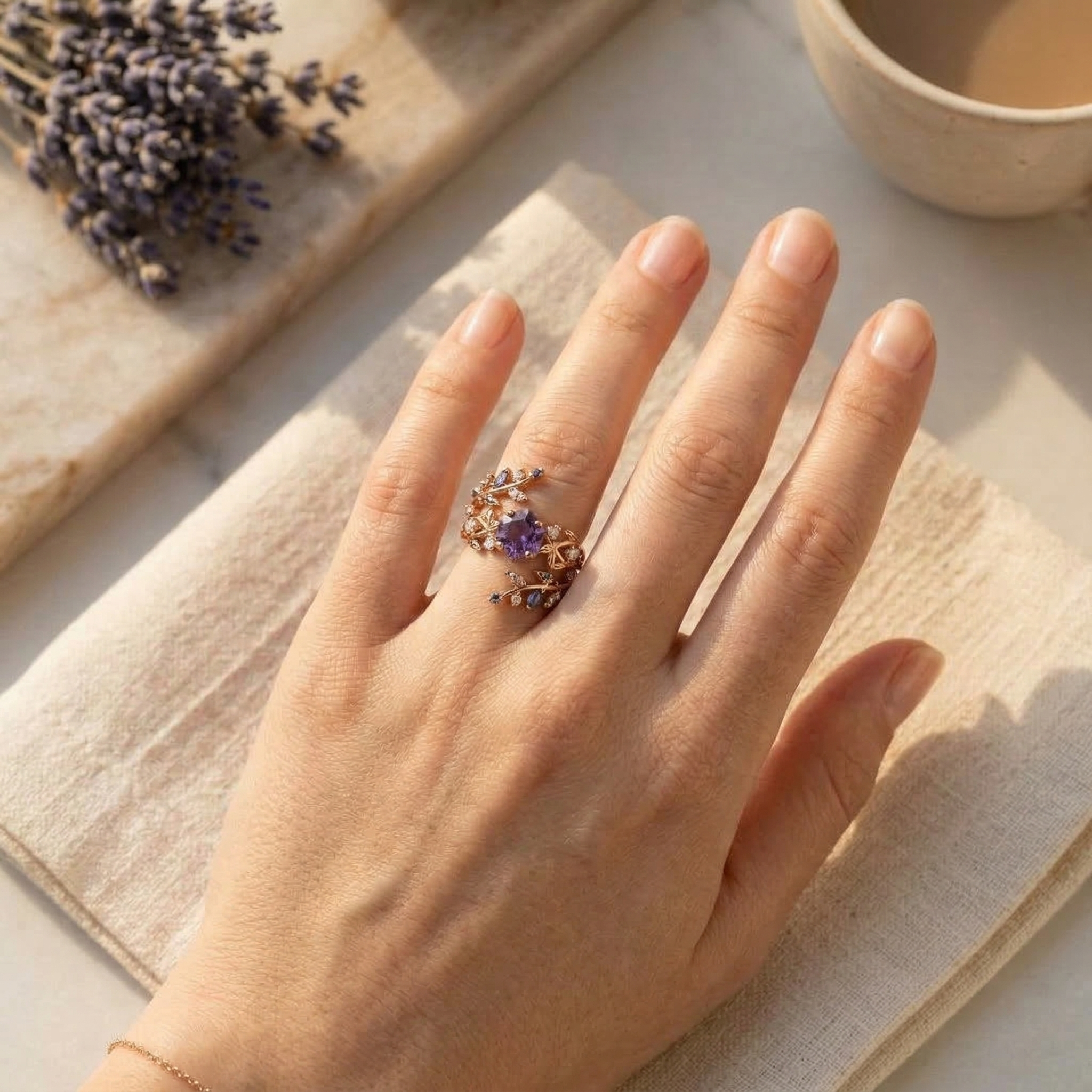 Hexagon Amethyst Engagement Ring Set With Moissanite