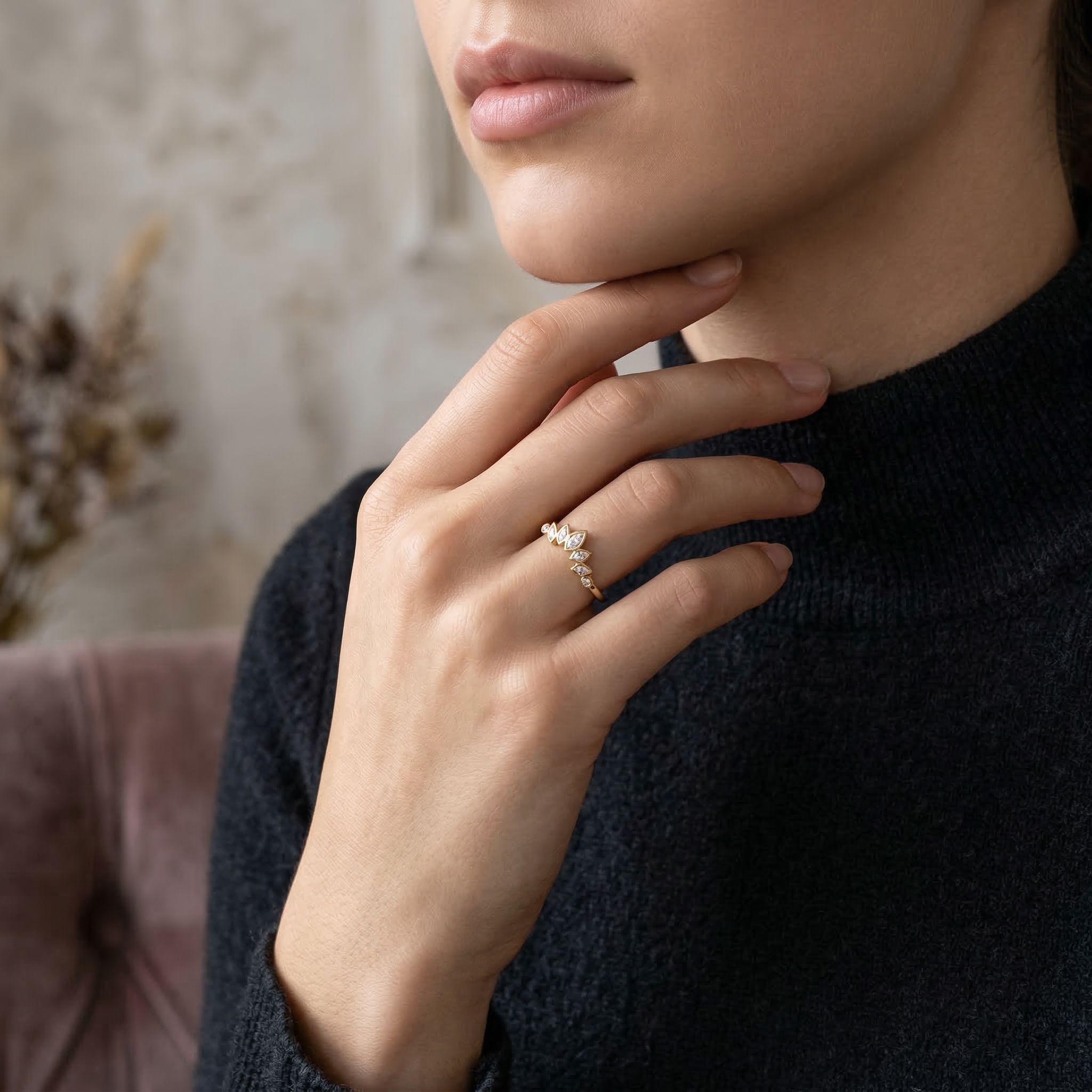 Angled view of Marquise Moissanite Ring in Gold
