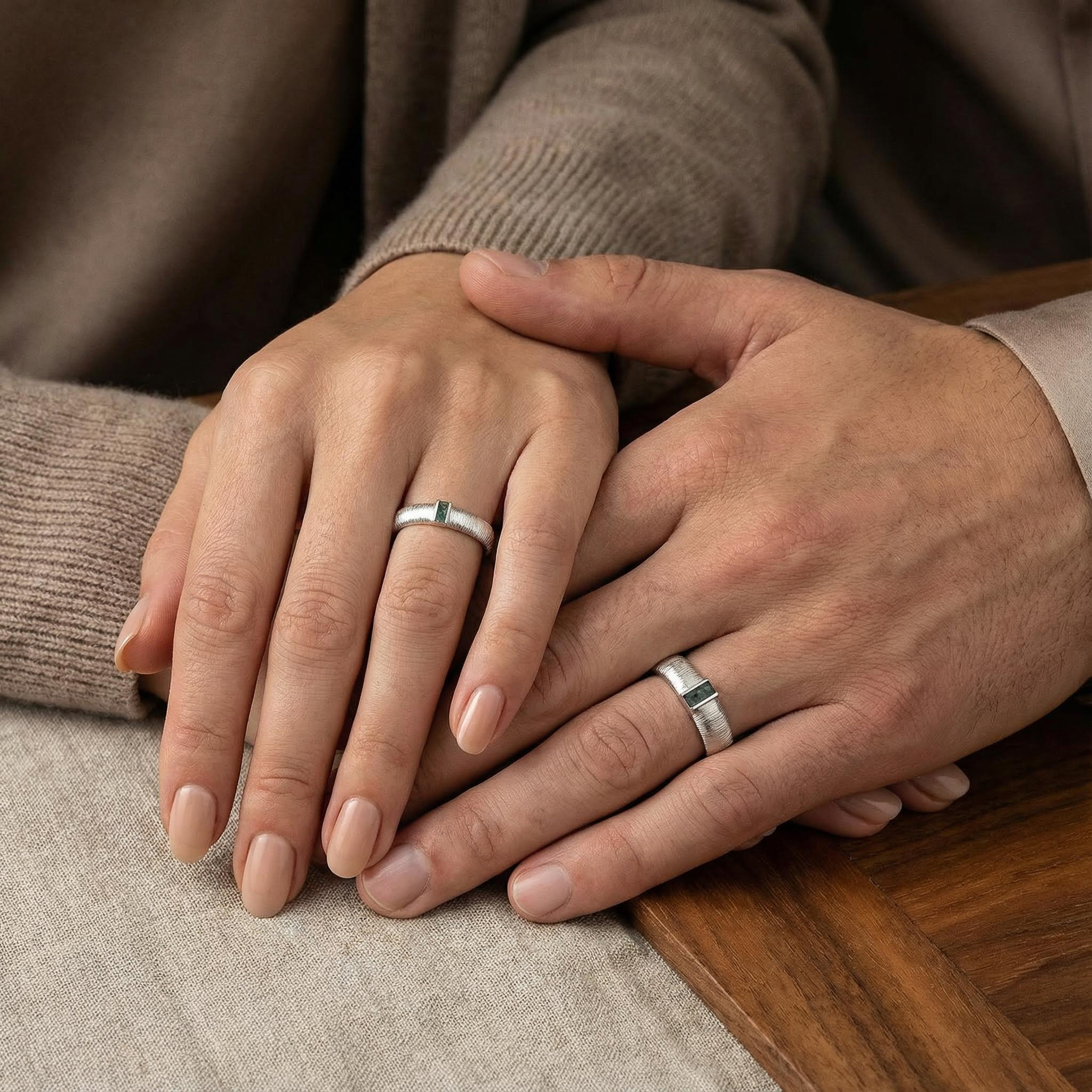 White Gold Textured Couple Ring with Moss Agate Promise Rings Unique Couple Ring