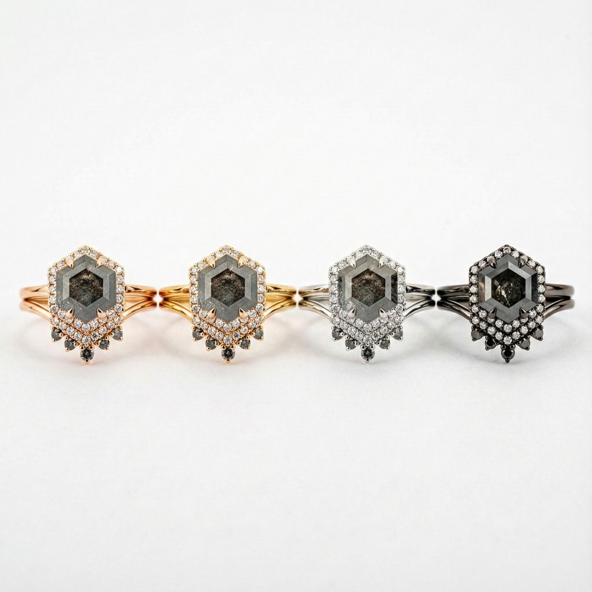 2 Carat Hexagonal Salt and Pepper Diamond Wedding Ring Set 