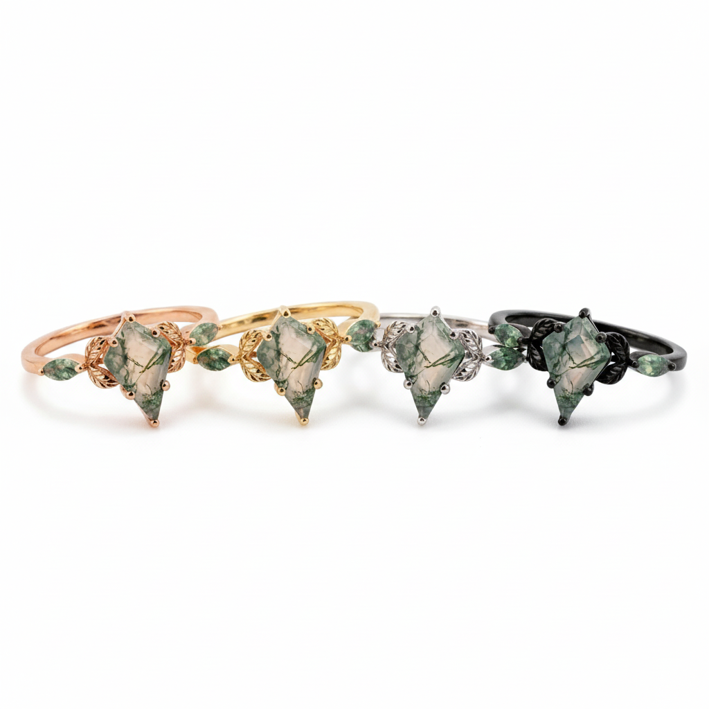 Lifestyle view of Kite Cut Moss Agate Ring in Gold