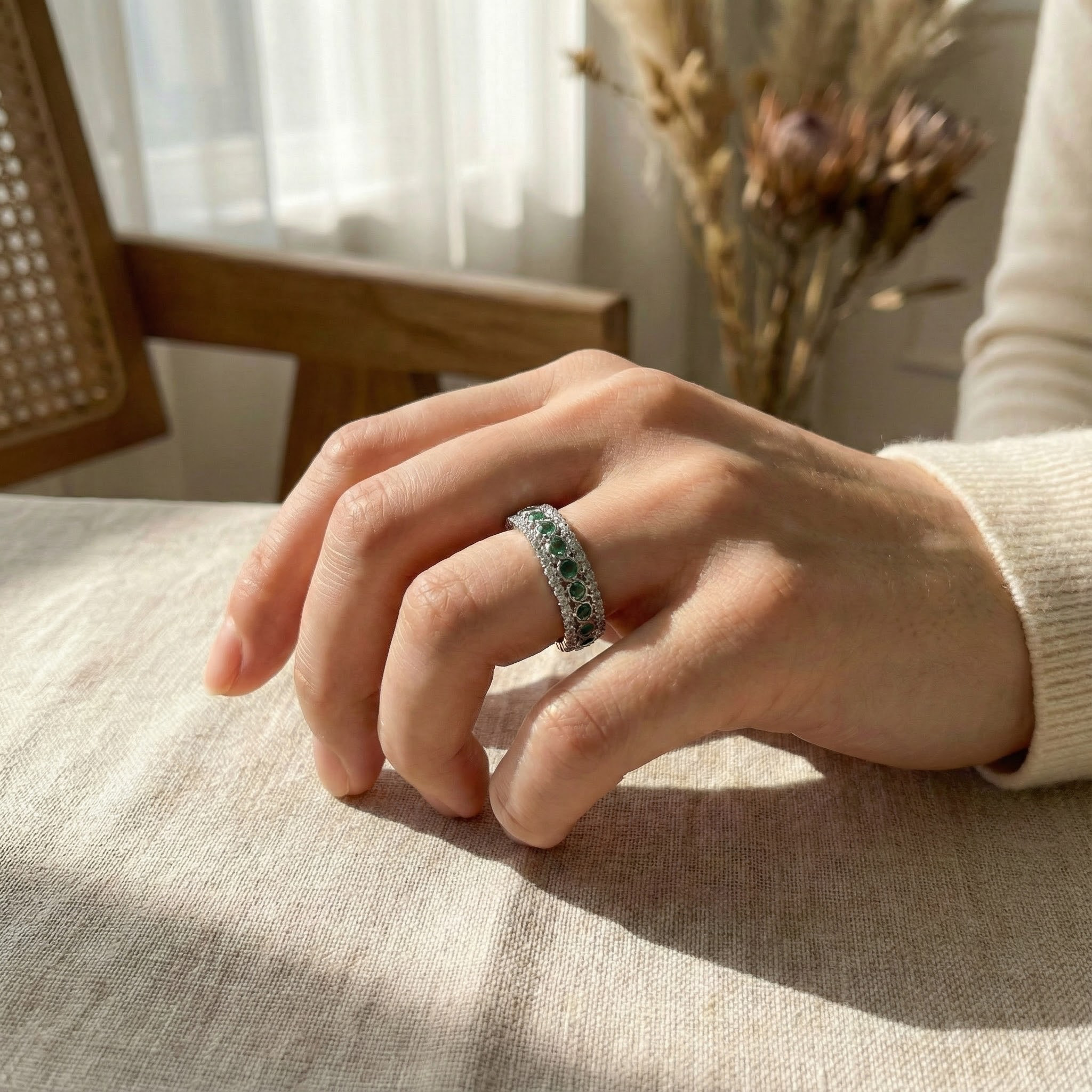 Vintage Unique Moss Agate White Gold Ring with Moissanite Moss Agate Wedding Band