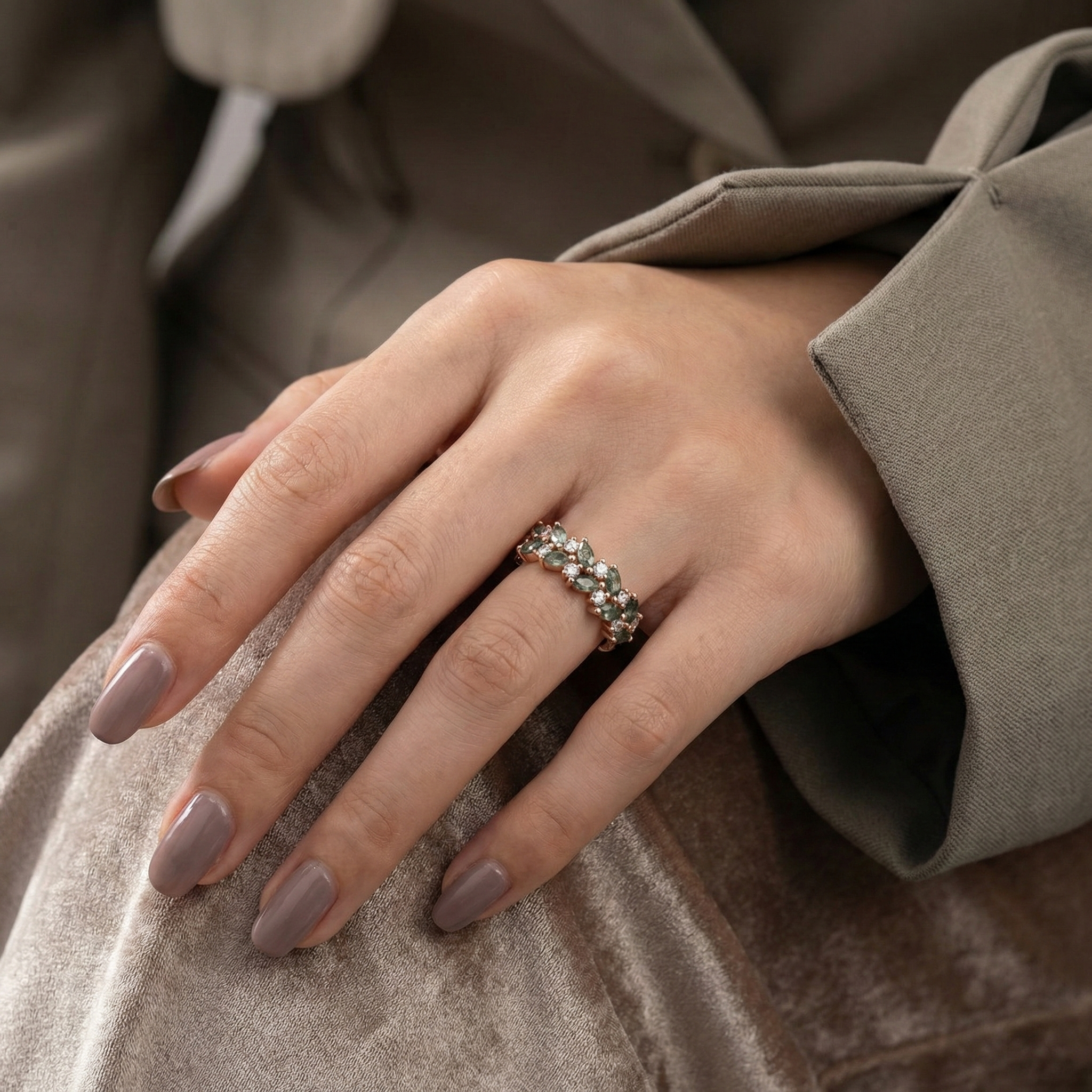 Nature Inspired Design Moss Agate Gold Ring With Moissanite.