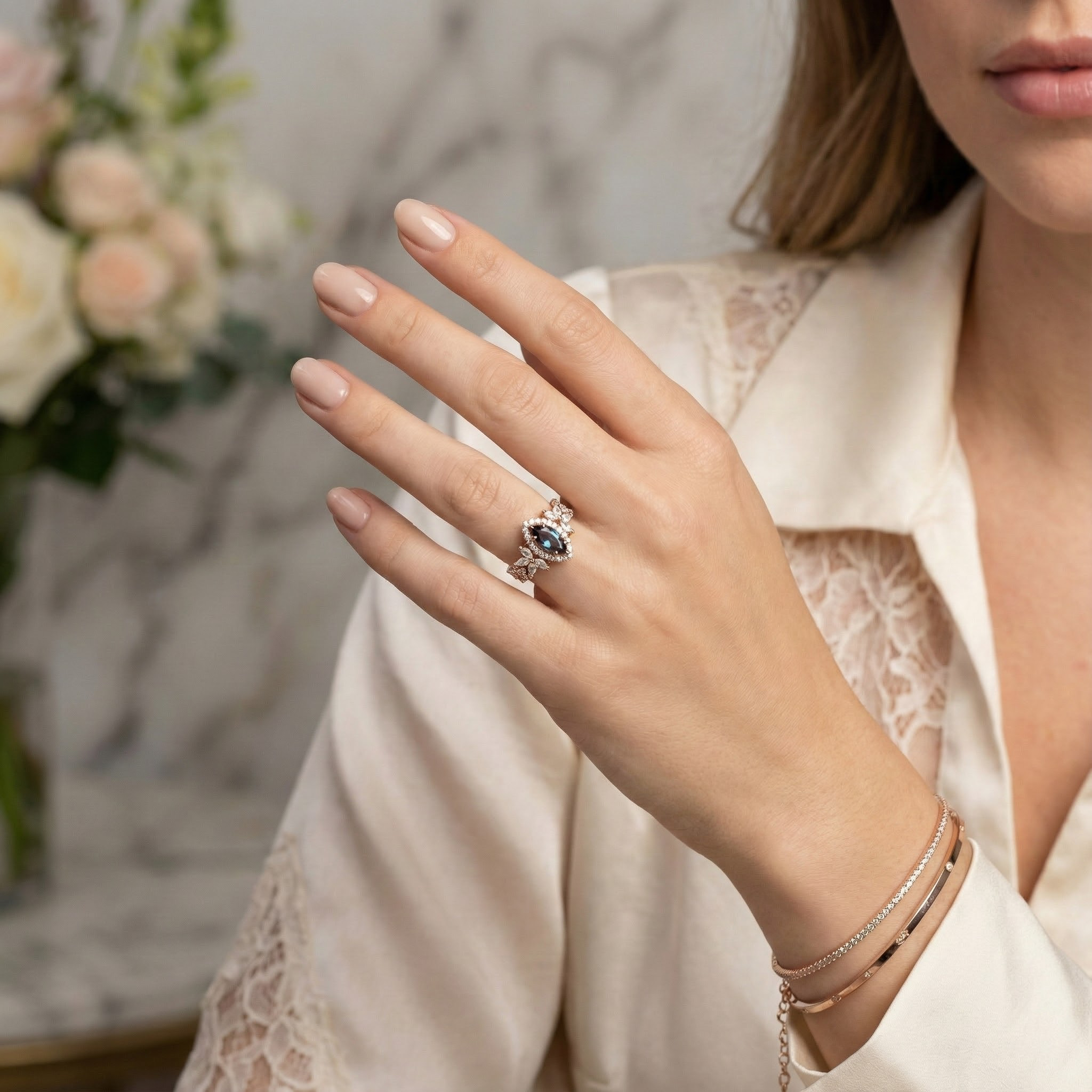 Luxurious Marquise Lab Alexandrite with Moissanite Gold Ring