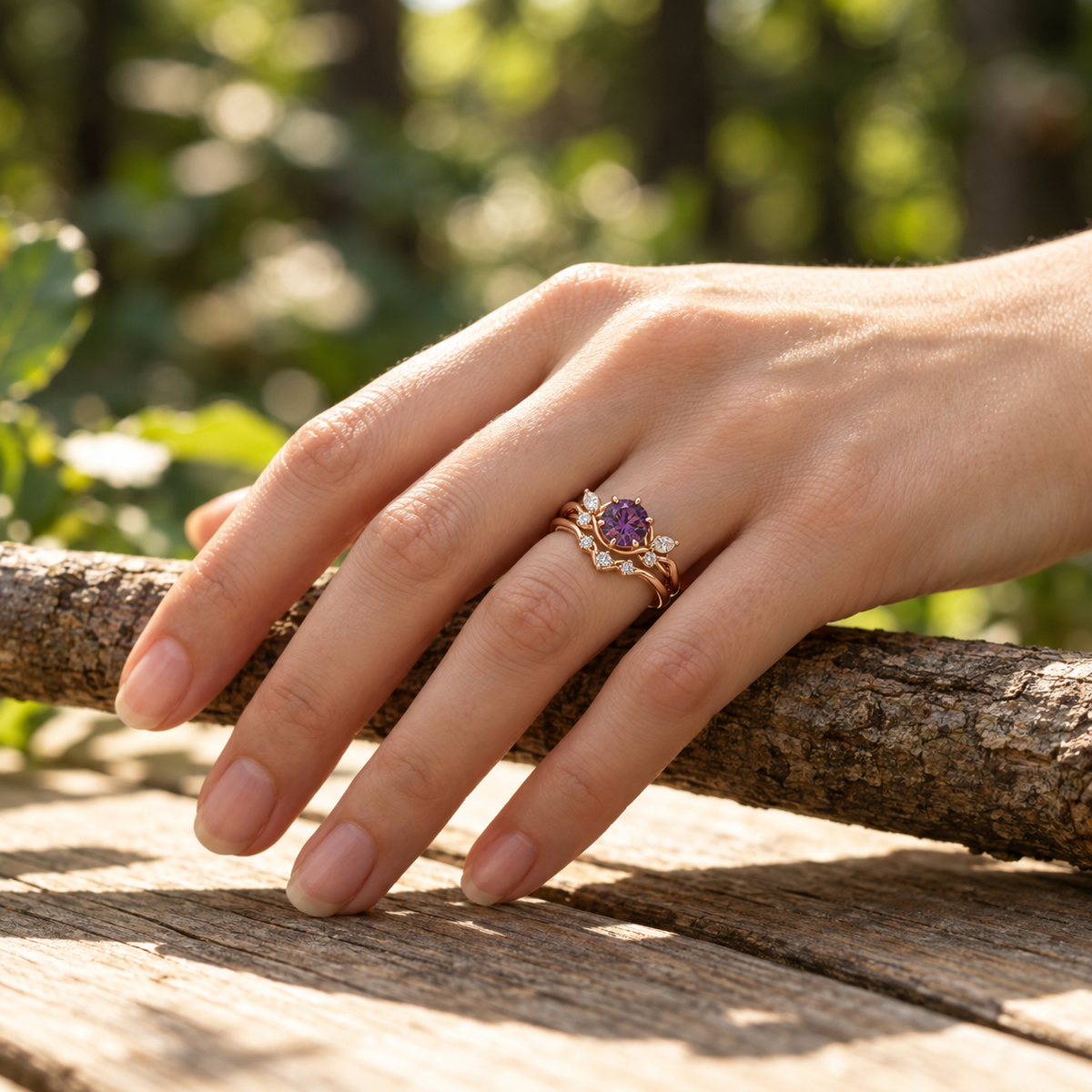 Purple amethyst bridal set with leaf-like openwork and clear accent stones