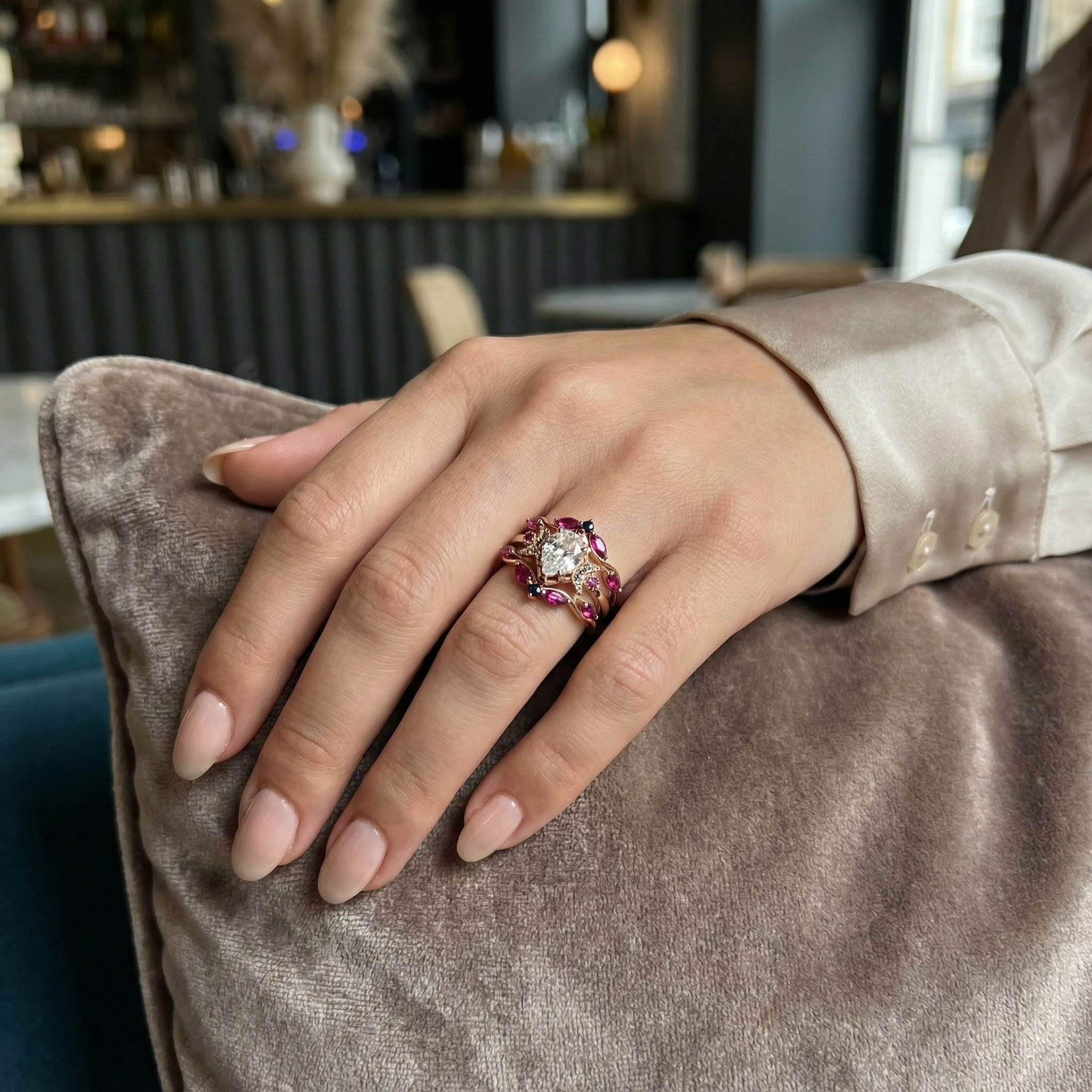 Luxurious Amethyst and Moissanite Wedding Ring Set