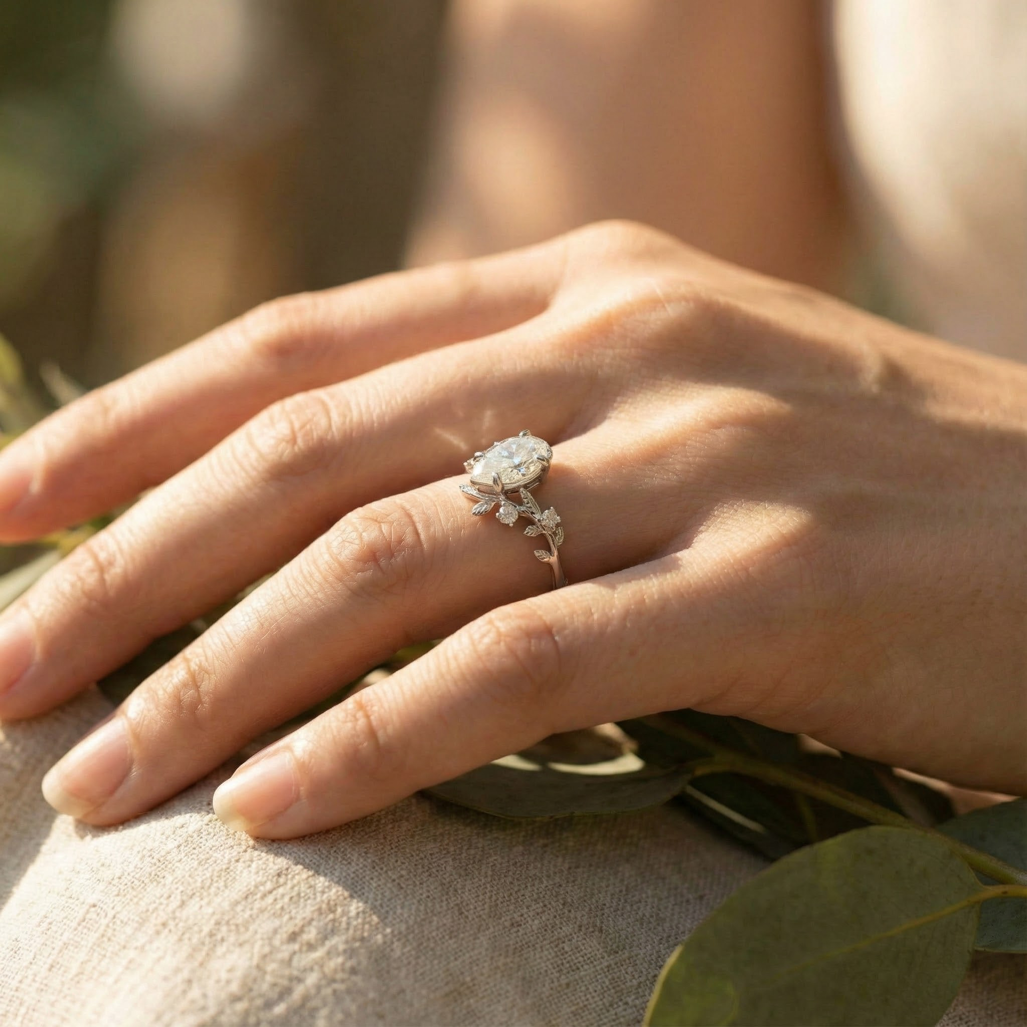 White Gold Pear Moissanite Ring crafted in nature inspired setting for unique and stylish appeal