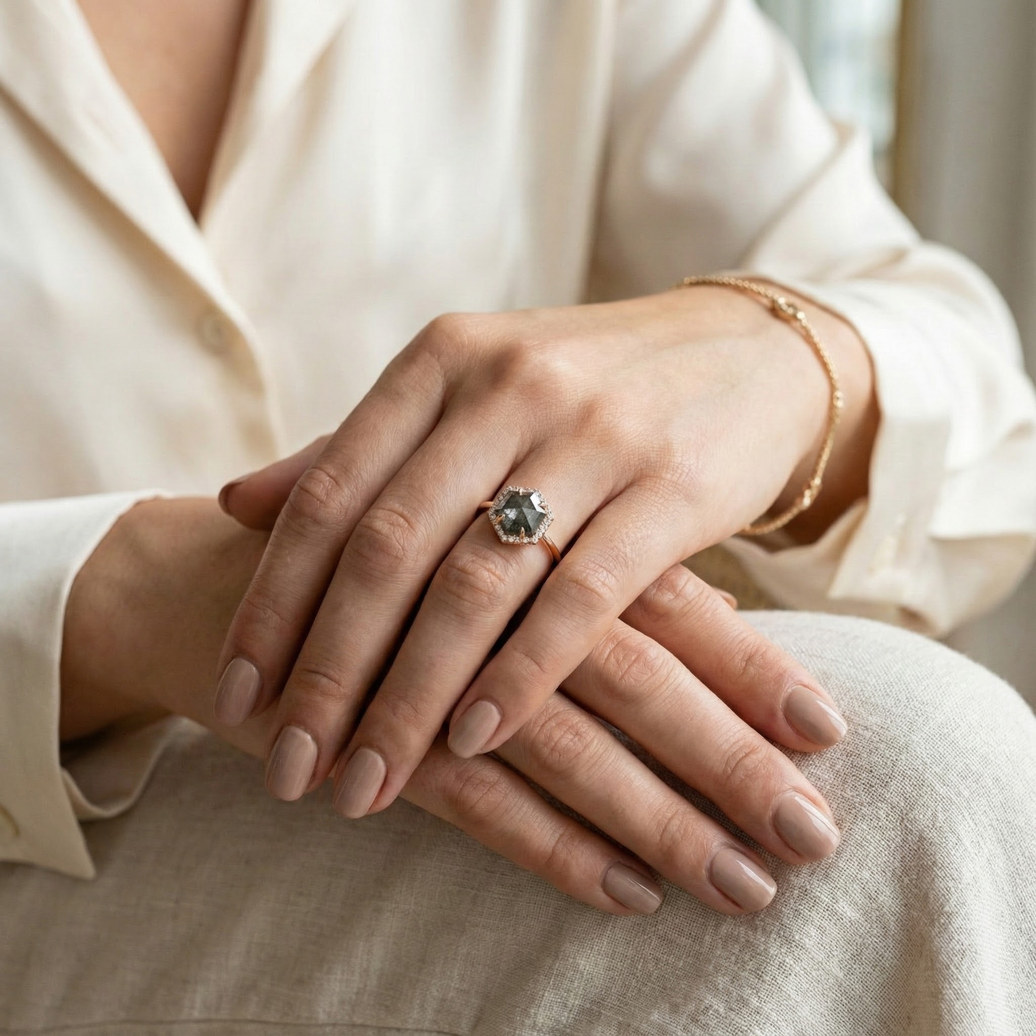 2 Carat Hexagonal Salt and Pepper Diamond Wedding Ring Halo Ring