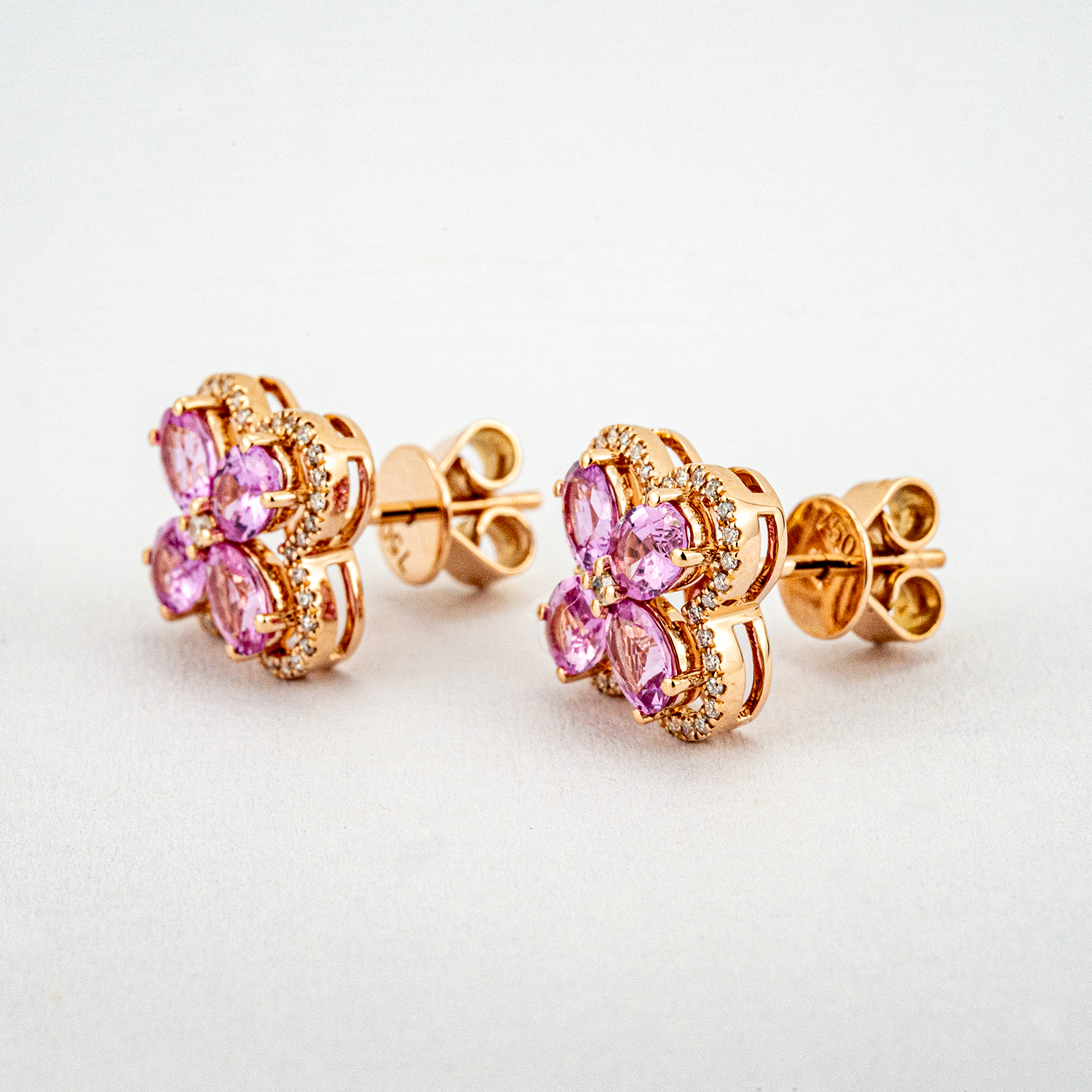 18k Rose Gold Natural Pink Sapphire Diamond Earring Floarl Earrings