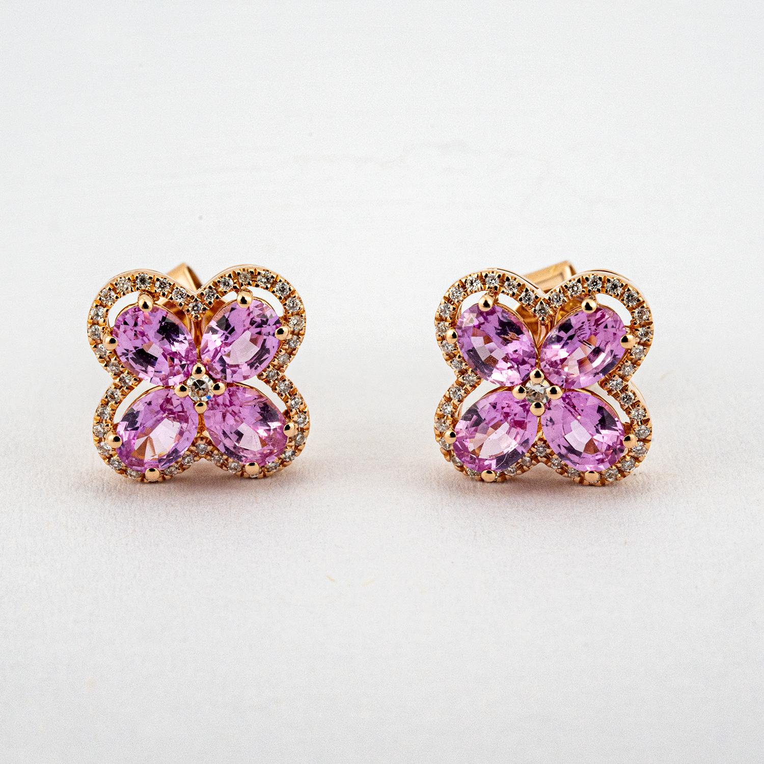 18k Rose Gold Natural Pink Sapphire Diamond Earring Floarl Earrings