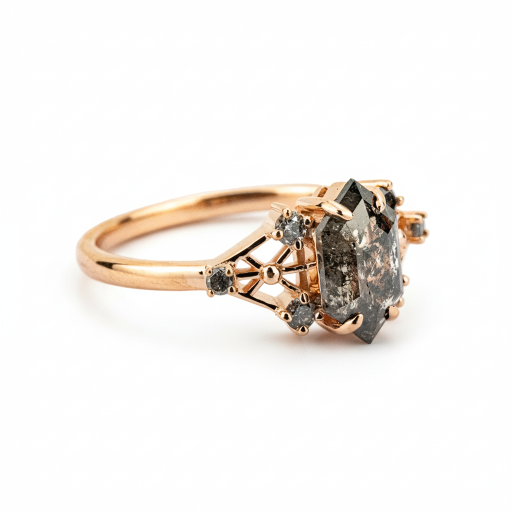 Product view of Long Hexagon Salt and Pepper Diamond Engagement Ring in Gold