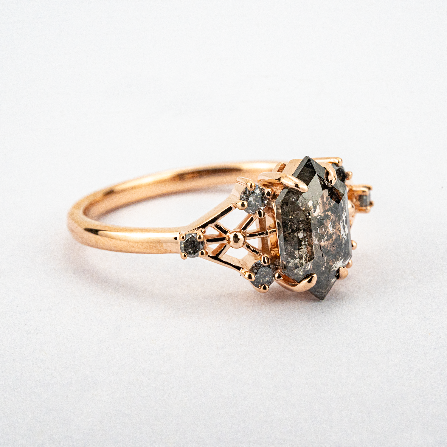 1 Carat Long Hexagonal Salt and Pepper Diamond Engagement Ring Personalized Engagement Rings