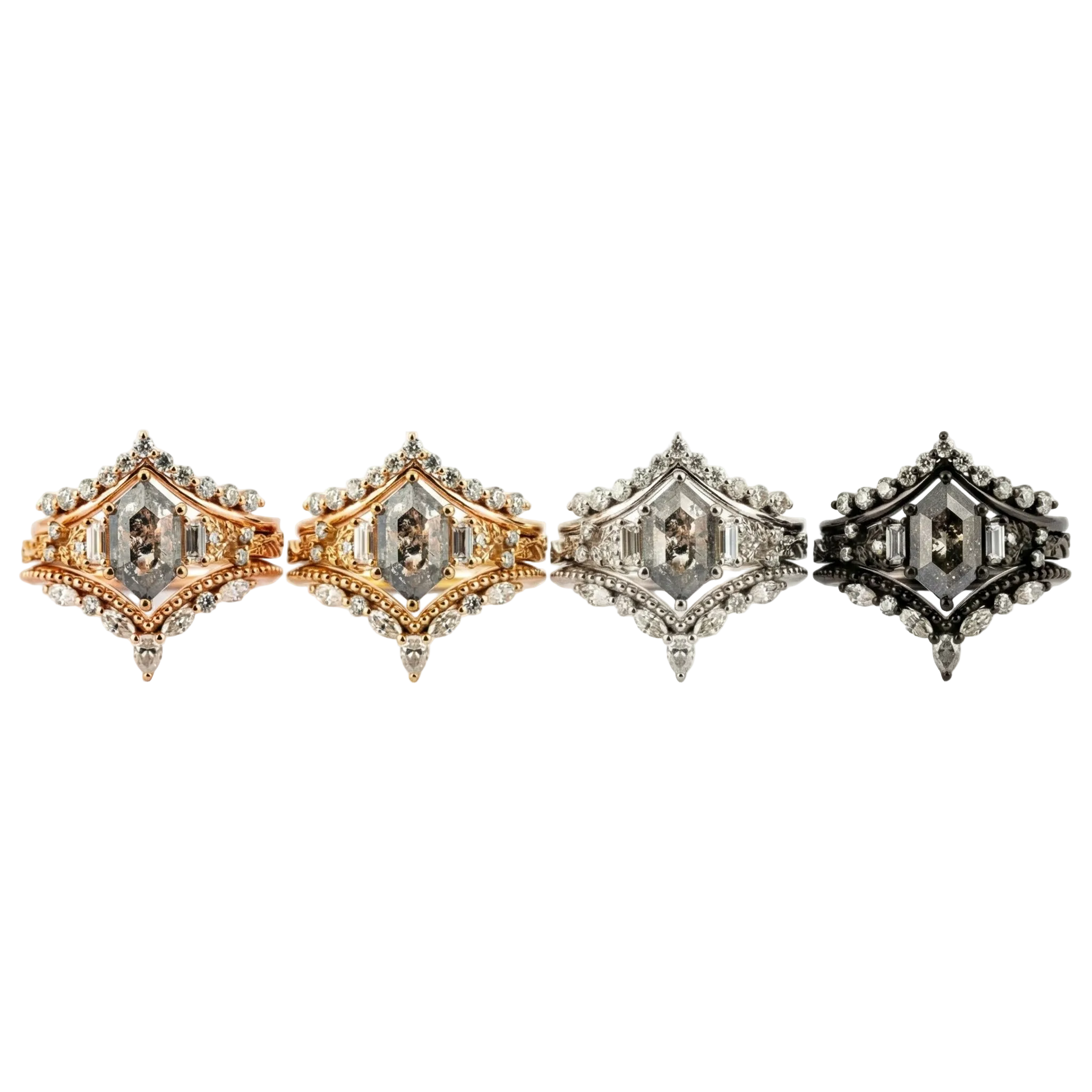 Lifestyle view of Long Hexagon Salt and Pepper Diamond Ring Set in Gold