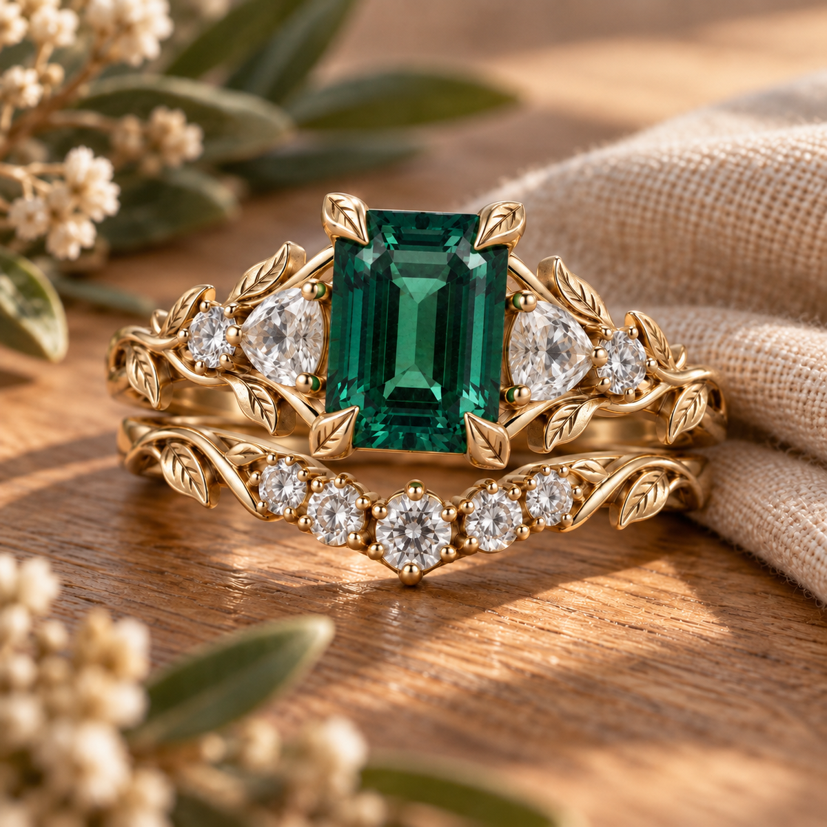 Emerald-cut green gemstone ring with pear-shaped side stones and gold leaves