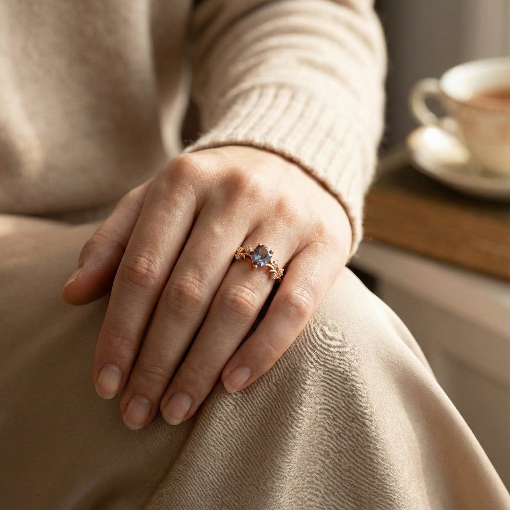 Promise Ring with Luxurious Pear Alexandrite Stone - Exquisite Nature-inspired Design