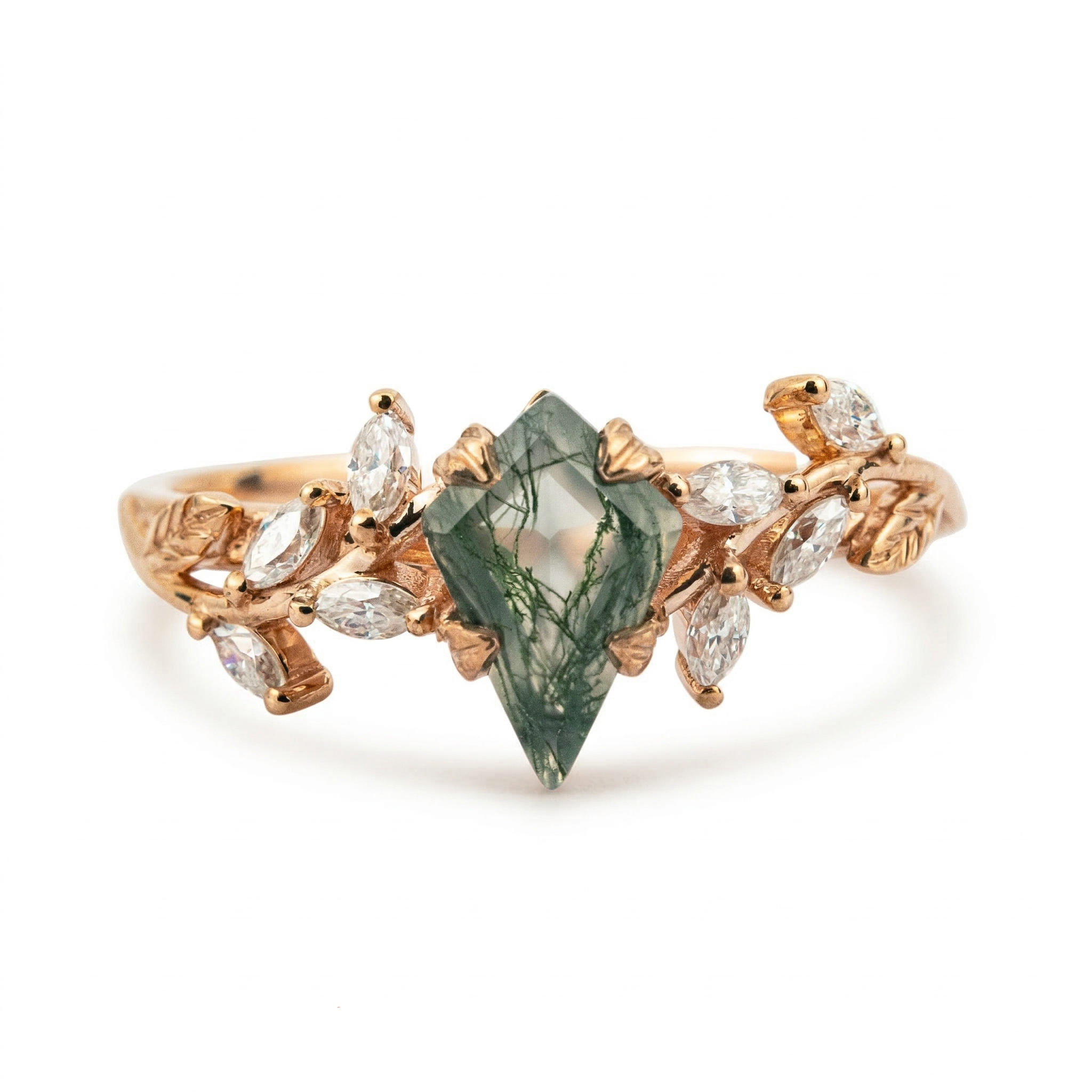 Nature Inspired Kite Shape Moss Agate with Leaf Texture Ring